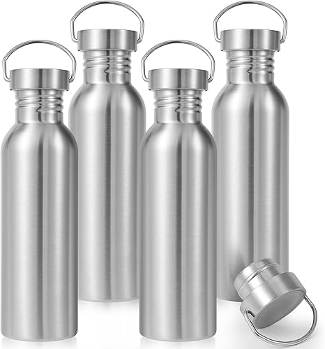 Volhoply Paquete de 4 botellas de agua de acero inoxidable reutilizables de pared única sin aislar de 26 oz, botellas de agua con asa, libres de BPA