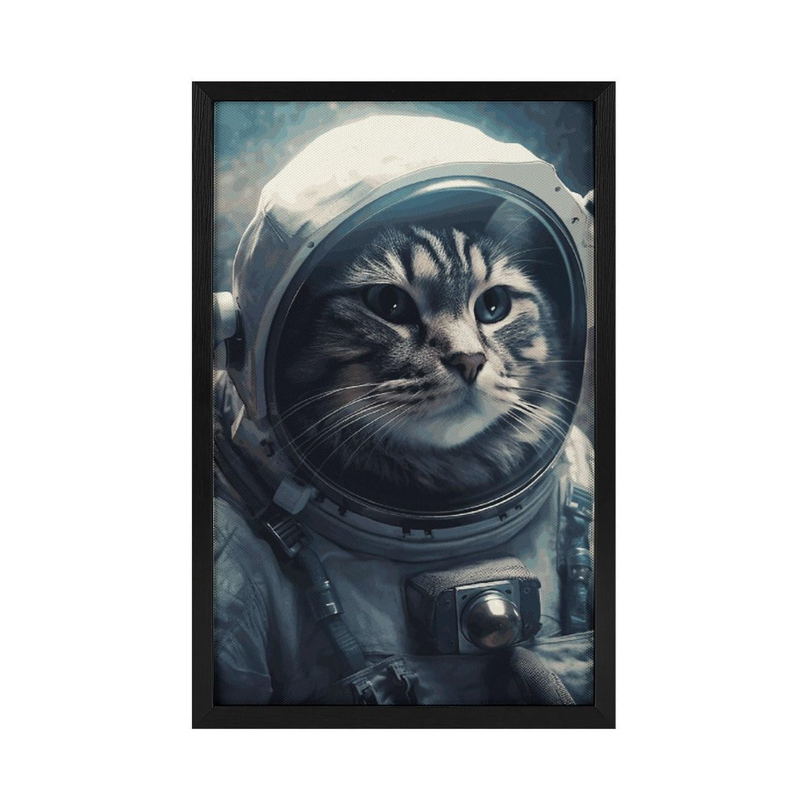 GHEPSDW Wall Art, Astronaut Cat in Space Wood Frame Canvas Painting Ready to Hang, Modern Decorative Artwork for Living Room, Bedroom, Office And Kitchen