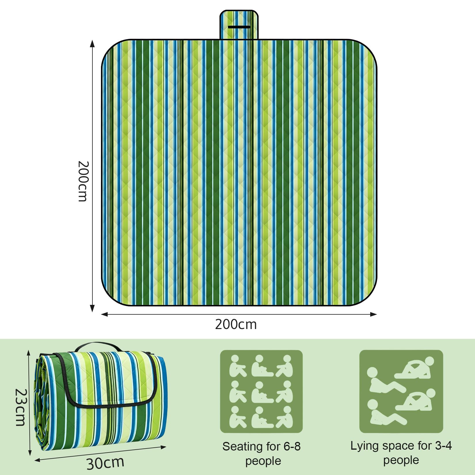 Coperta da picnic impermeabile, 200 x 200 cm, grande, portatile, lavabile, per campeggio, spiaggia e parco (verde)