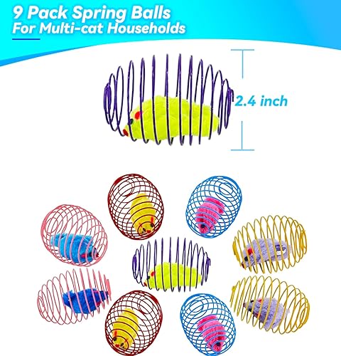 Miniatura 3 de Juguetes de primavera para gatos, 9 paquetes de bolas de resorte para gatos de interior, bolas de metal con ratones, juguetes para gatos de interior
