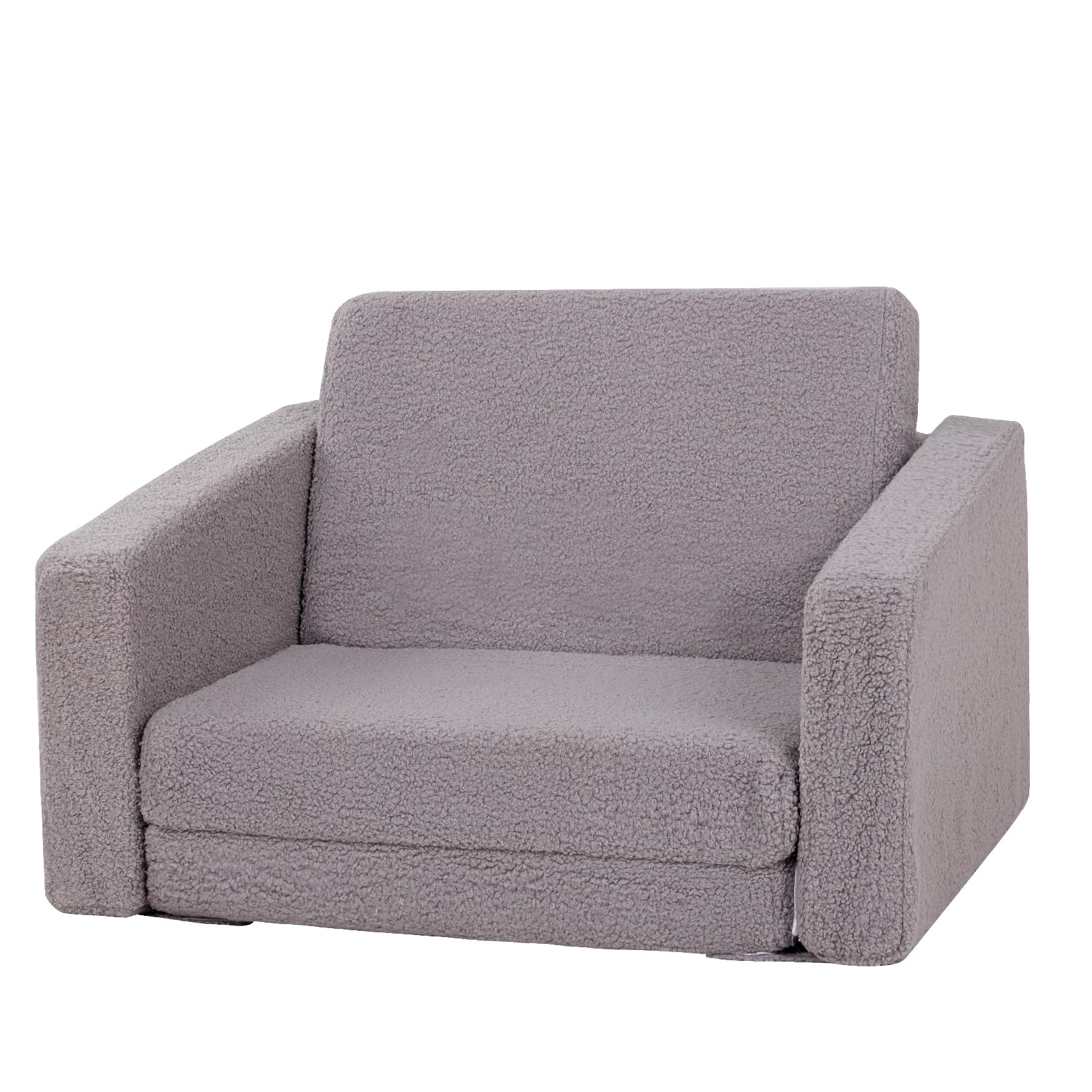PWTJ Flip Fold Out Foam Kid Sofa Chair,2 in 1 Convertible Sofa to Lounger for Childrens, Sherpa Flip Open Toddler Sofa,Kid Sofa Bed for Baby Gifts (W 56cm) (Grey)