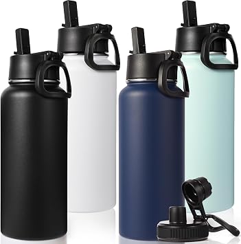 Neihepal 32 oz Insulated Water Bottles Bulk with 2 Lids Straw & Spout Lid, Stainless Steel Double Wall Water Bottle, Keeps Cold 24H & Hot 12H Mix,4 Pack