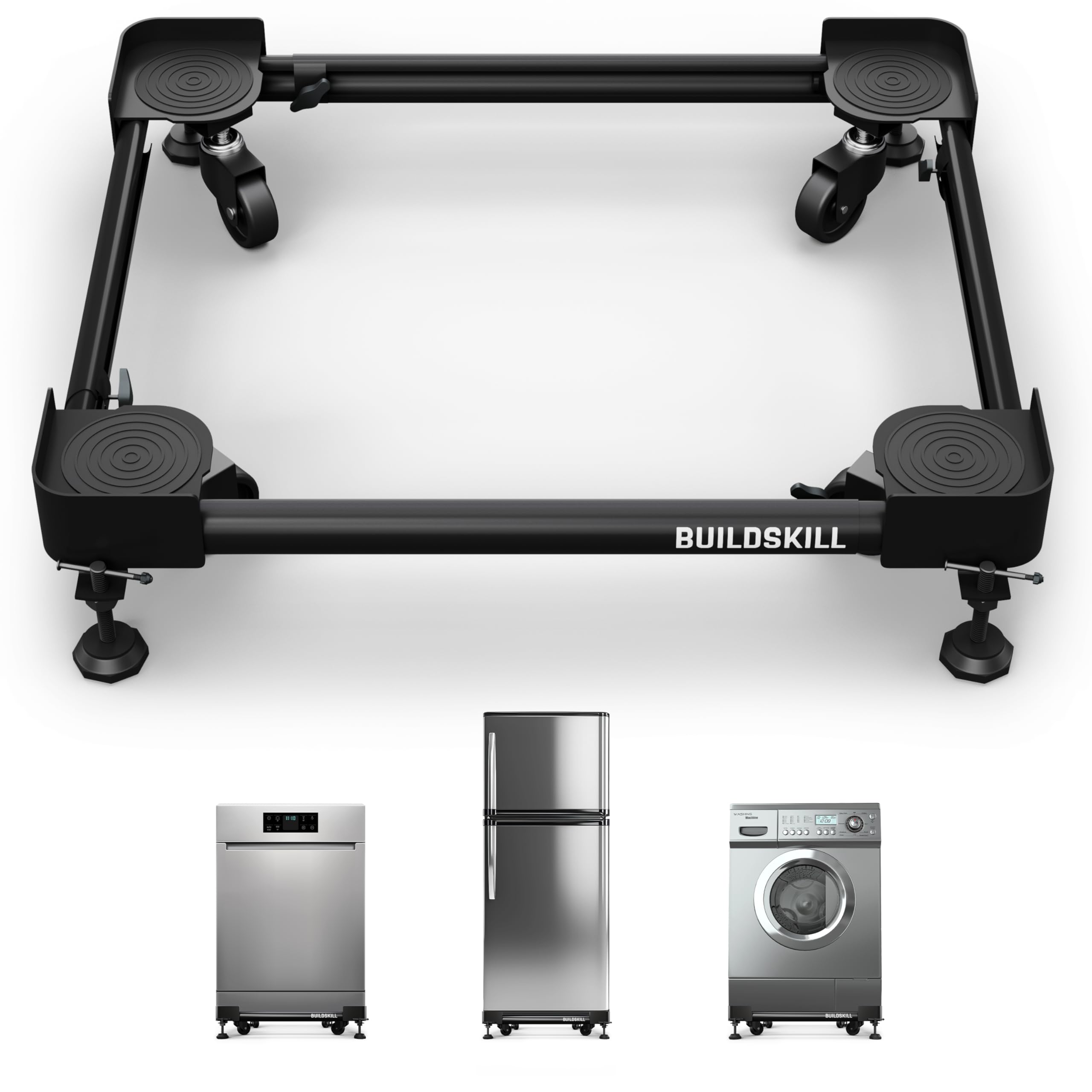 BUILDSKILL 160kg Load Capacity Washing Machine Stand | 360° Rotating Wheels | Adjustable | Absorbs Vibration | Anti-skid Fridge and Dishwasher Stand, Top & Front Load Washing Machine Trolley - Black