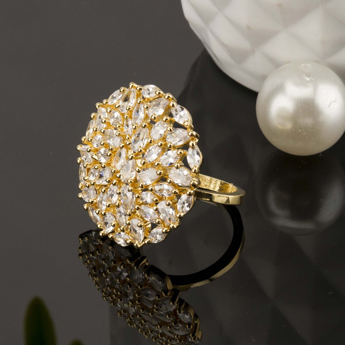 Sparkling AAA CZ Delicate Florets Plated Adjustable Ring