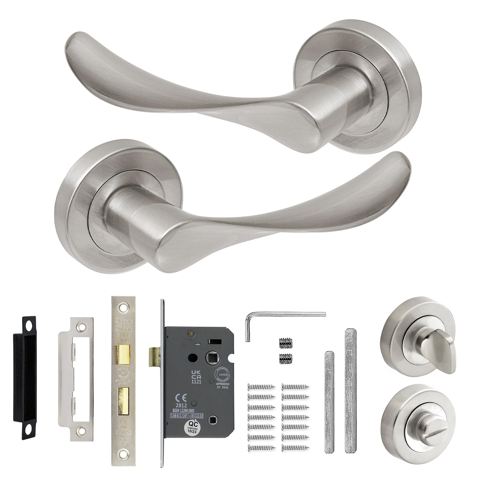 Decoranddecor Brushed Chrome Door Handle Levers Aluminium Alloy Handles Lever with Bath Lock Kit — image 1