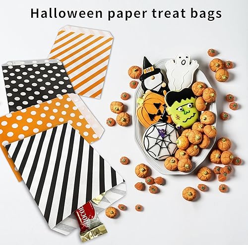 Miniatura 3 de Paquete de 100 bolsas de papel de Halloween con diseño de lunares y rayas, bolsas de bufé para Halloween, dulce o truco, bolsas de papel de regalo