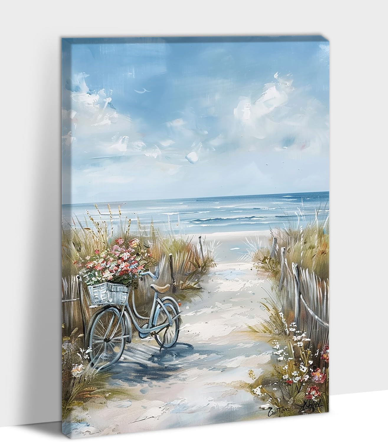 KVTM Beach Canvas Wall Art, Beach Theme Ocean Pictures Seaside Bicycle Canvas Print Posters Wall Art, Modern Summer Coastal Seascape Painting Framed