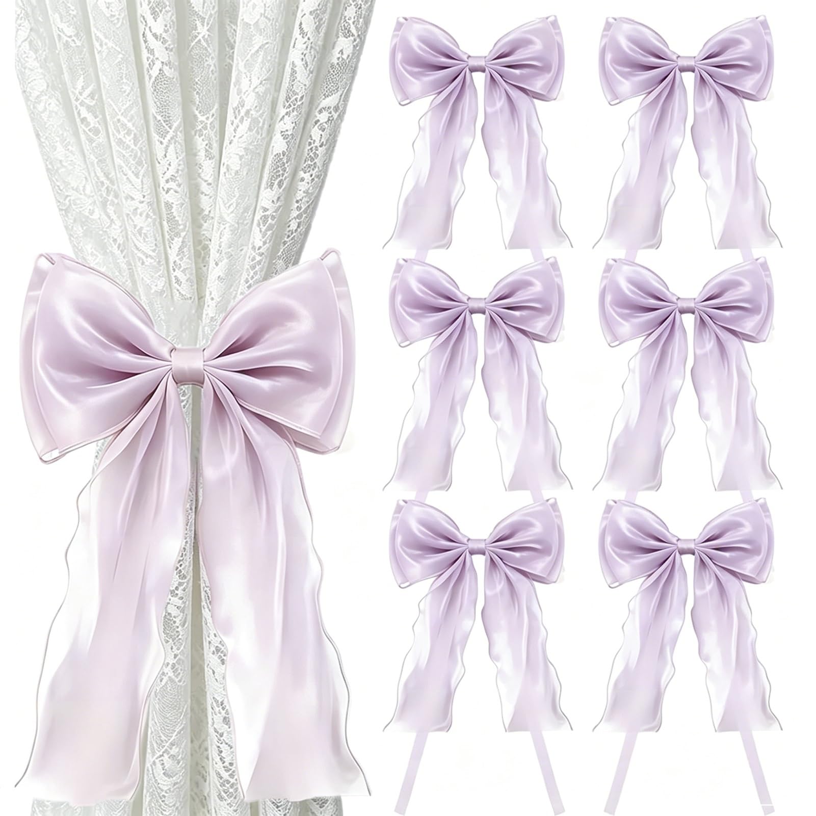 French Bow Curtain Tiebacks, Silky Ribbon Bowknot Curtain Holdbacks, for Sheer Curtains, Decorative Curtain Accessories (6 Pack)(Purple)