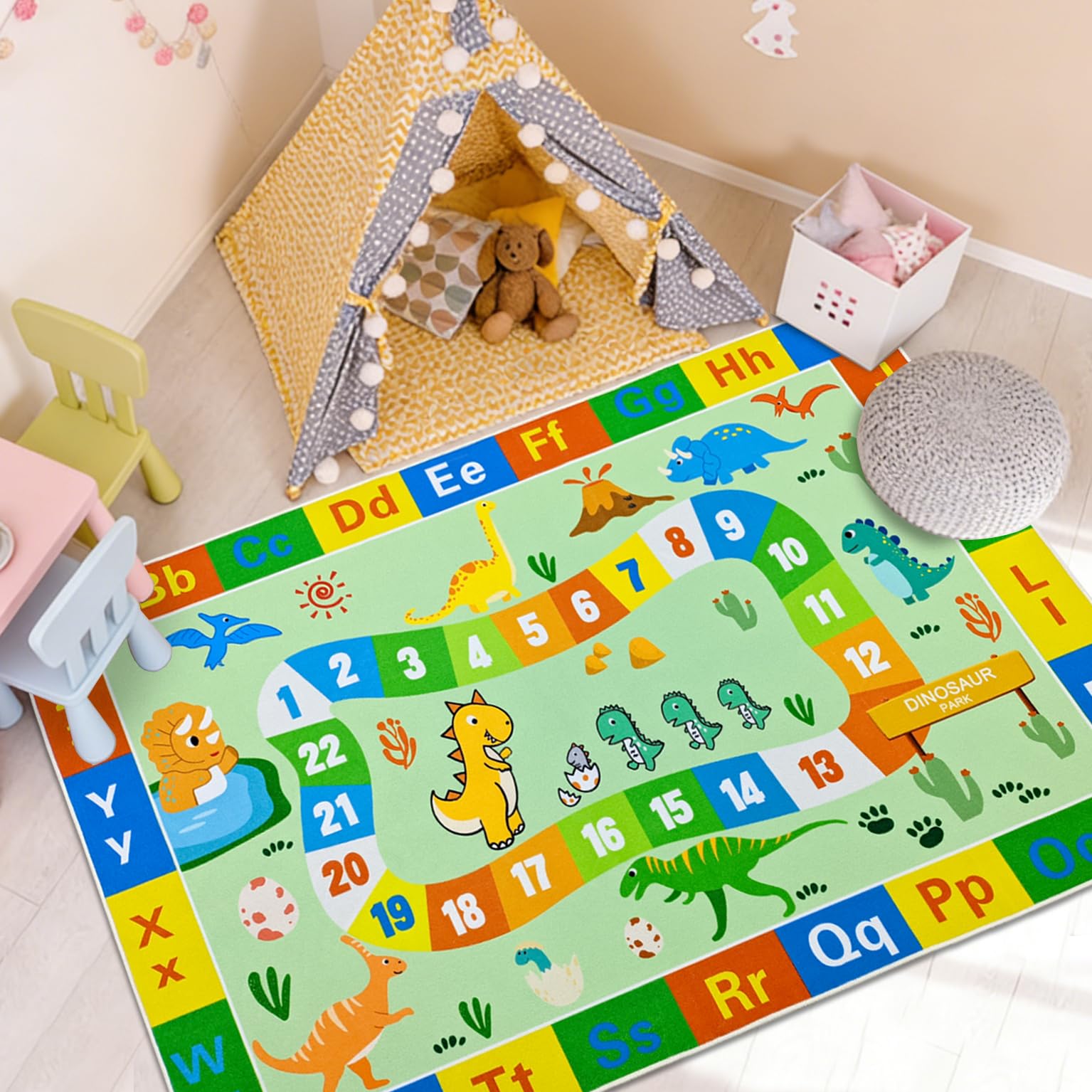 Lacomfy Kids Rug 4x6Ft ABC Dinosaur Carpet for Kids Boys Girls Room Bedroom Playroom, Dino Alphabet Number Educational Learning Classroom Rug, Cute