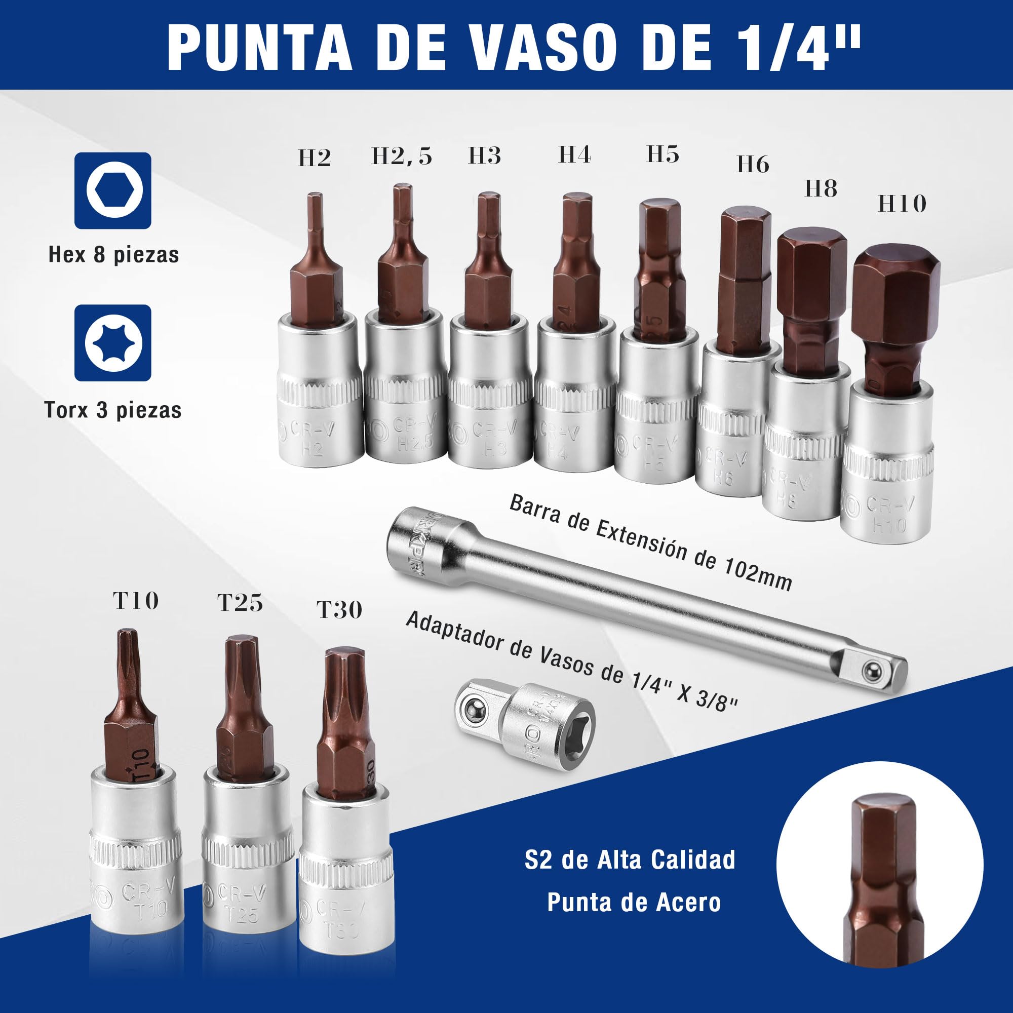 WORKPRO Llave Dinamométrica, 1/4", 2-26Nm, 14 Piezas | Precisión de ±3%, Carraca de 72 Dientes con Barra de Extensión para Bicicletas, Motos y Automóviles