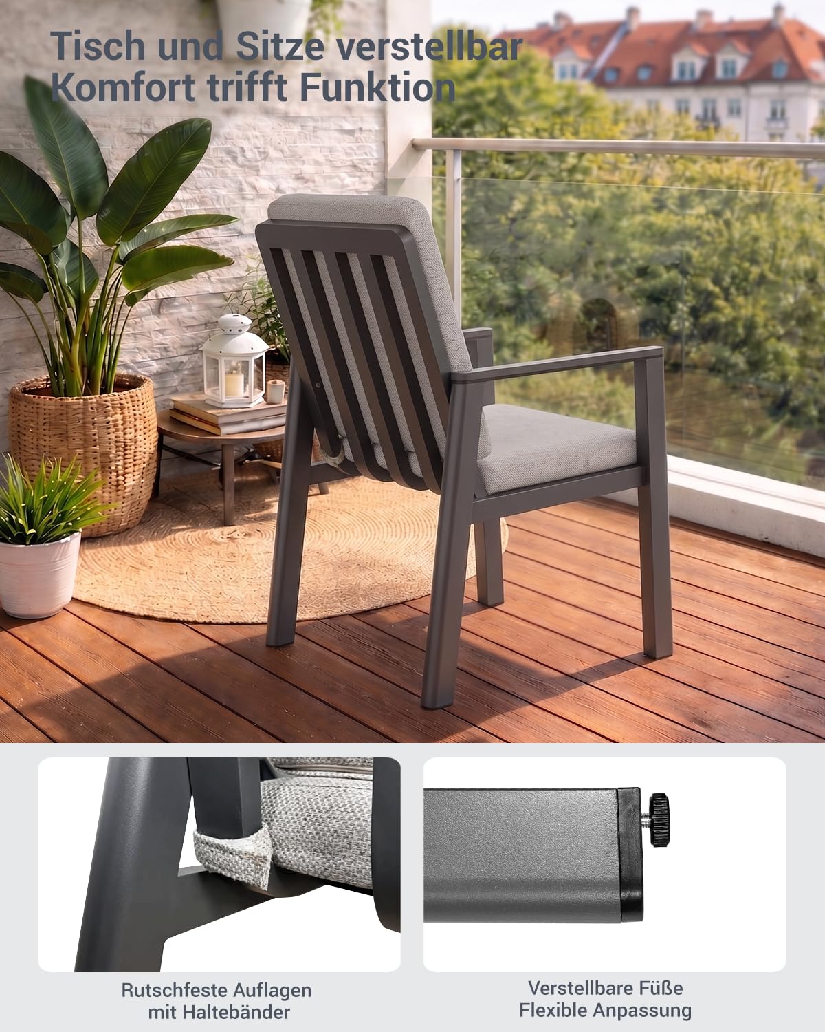 Atenza Gartenmöbel Set 7-teilig wetterfest, Tisch 150x80 cm, 6 Stühle | Aluminiumgestell, PS-Holzoptikplatte, Auflagen mit Haltebändern, verstellbare Füße, für Terrasse Garten Balkon