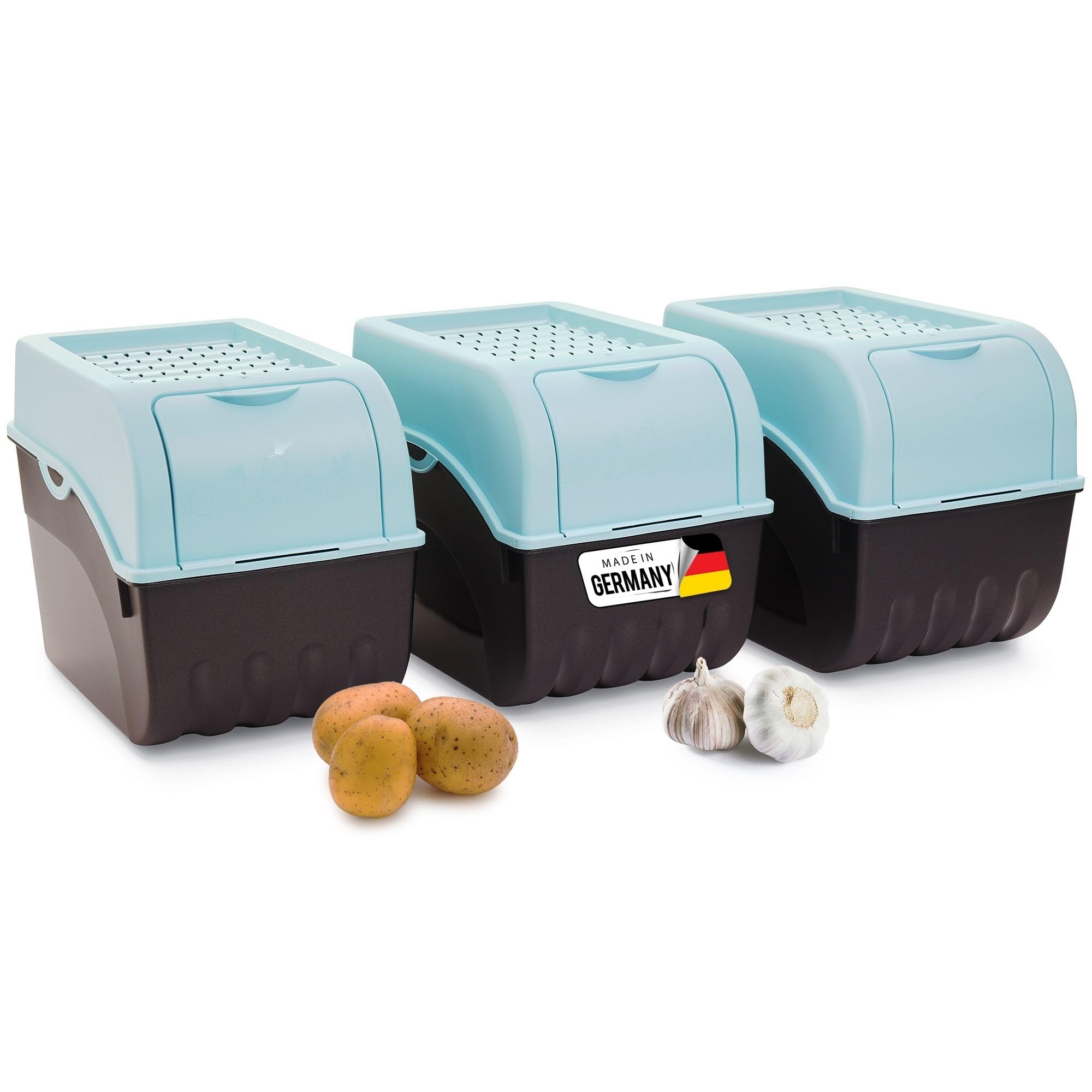 Novaliv Kartoffel Aufbewahrungsbox | 3X groß 9L | TÜRKIS | Kartoffelbox | Gemüsebox stapelbar Zwiebelbox Kartoffelkorb Obstbehälter Kartoffelkiste Zwiebel Aufbewahrung Frischhaltedose Möhren…