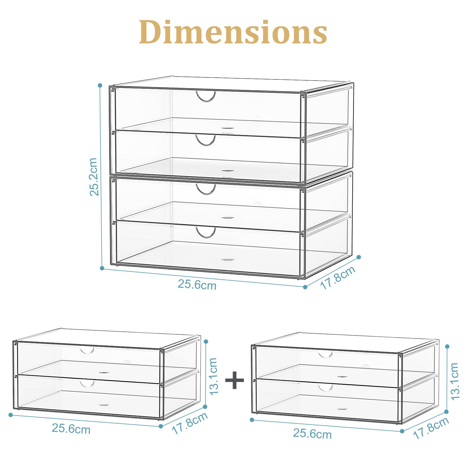 SortNStore Große Kosmetik Organizer mit 4 Breiten Schubladen 2er-Set Acryl Stapelbare Schubladenbox