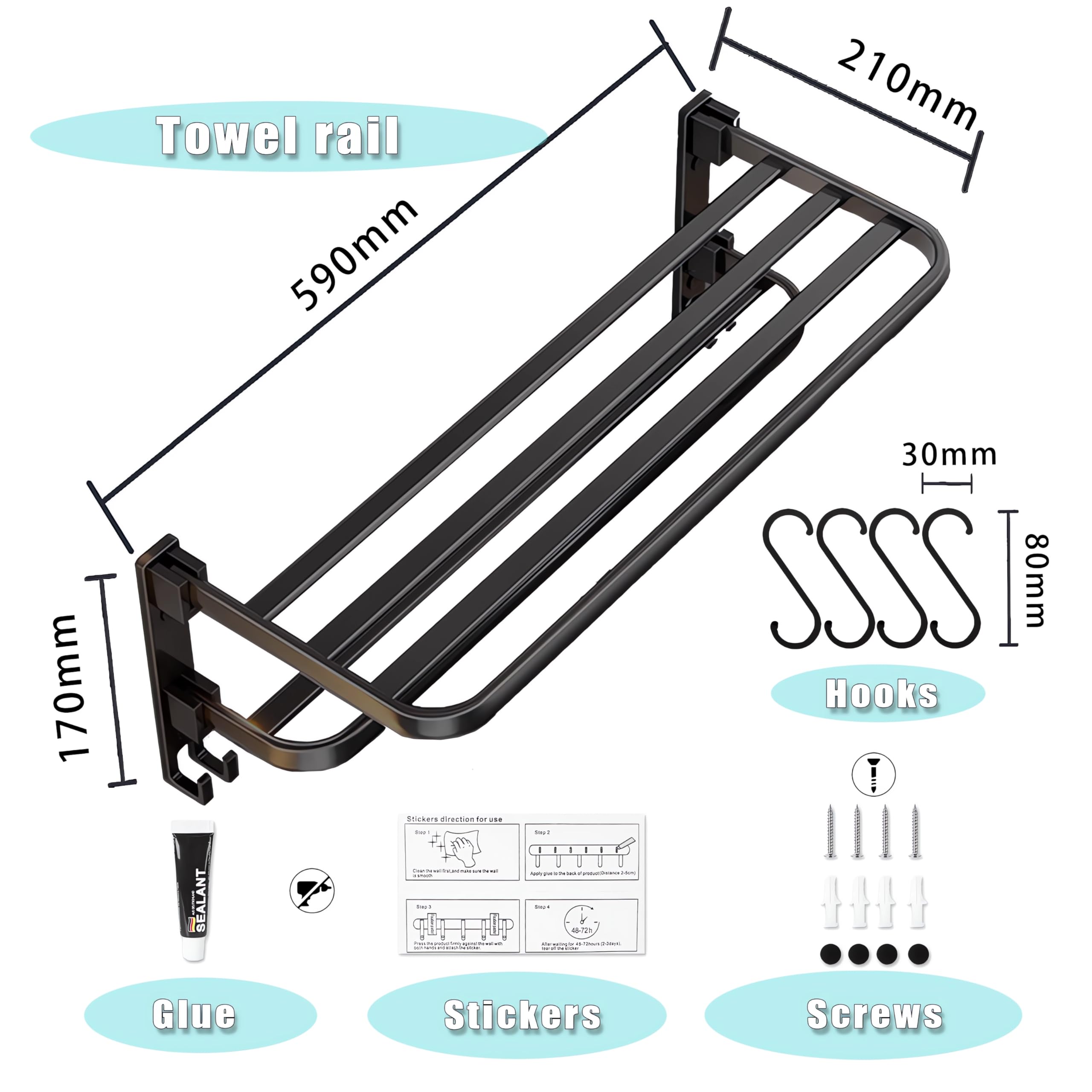 Porte-Serviettes sans perçage,Barre de Serviettes de Douche Mural,Double Support de Serviettes Pliable à 90°,Étagère à Serviettes avec 4 Crochets Amovibles,Longueur env. 60 cm,Noir