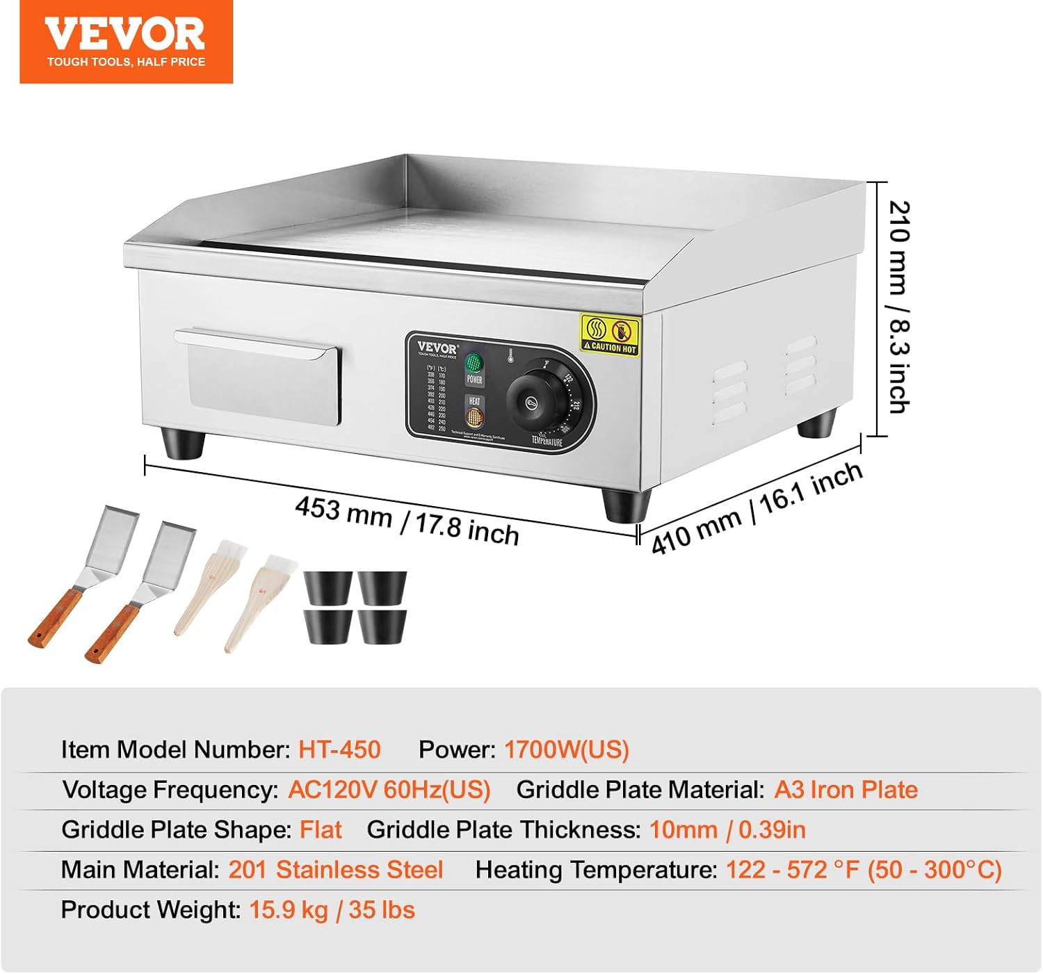 Diagram showing the VEVOR Electric Griddle's model number HT-450, power 1700W, dimensions, material, and temperature range.