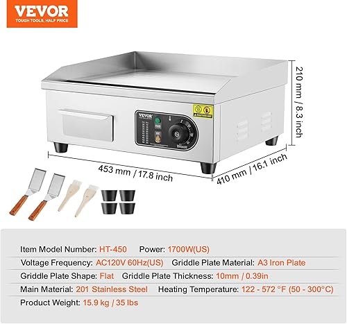 Miniatura 7 de VEVOR Plancha eléctrica comercial, parrilla de encimera de 1700 W, parrilla de acero inoxidable de 18 pulgadas con 2 palas y 2 cepillos para el