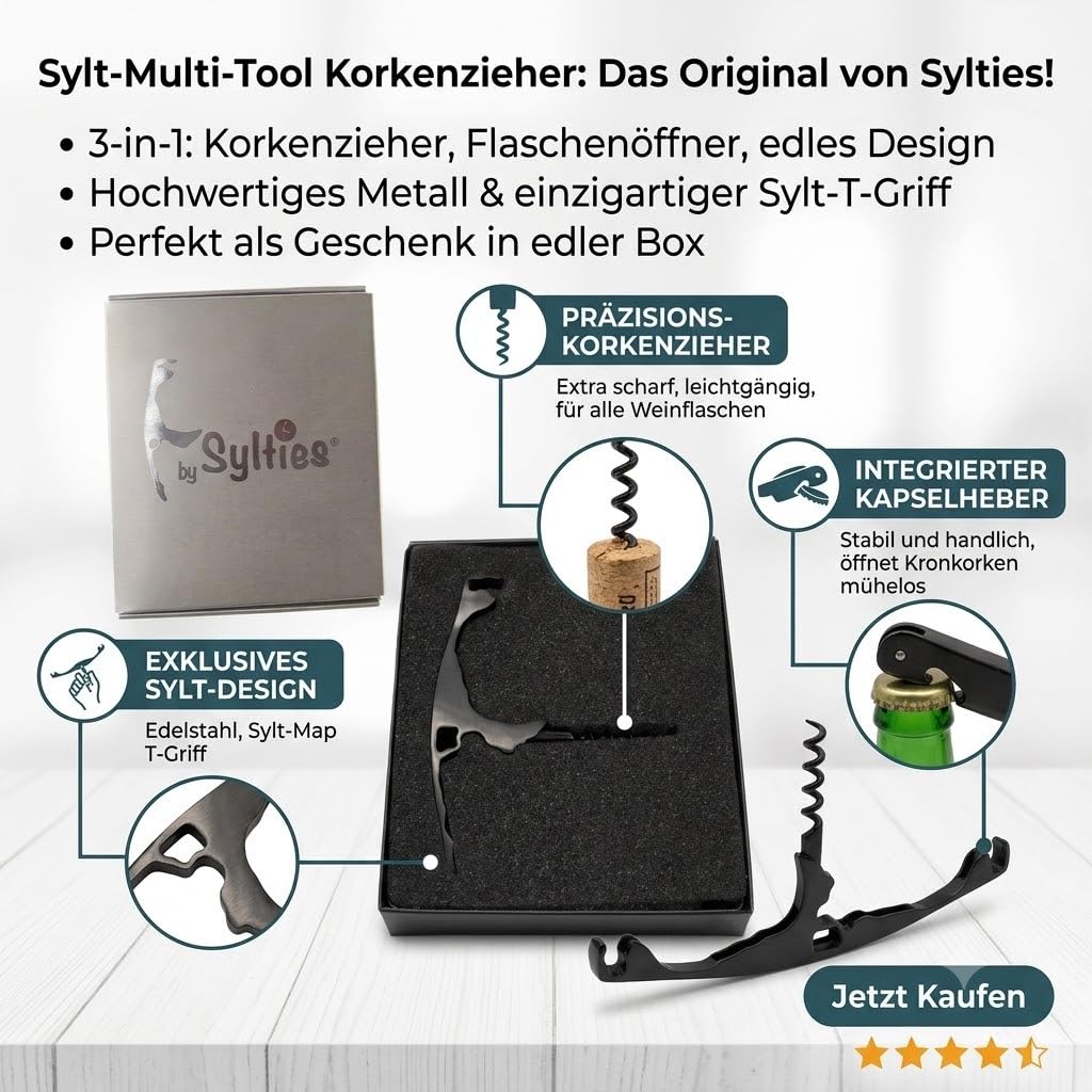 Edler Weinöffner aus Aluminium – Sylt Design – Hochwertiger Flaschenöffner in schwarzer Geschenkbox – Das perfekte Geschenk für Weinliebhaber