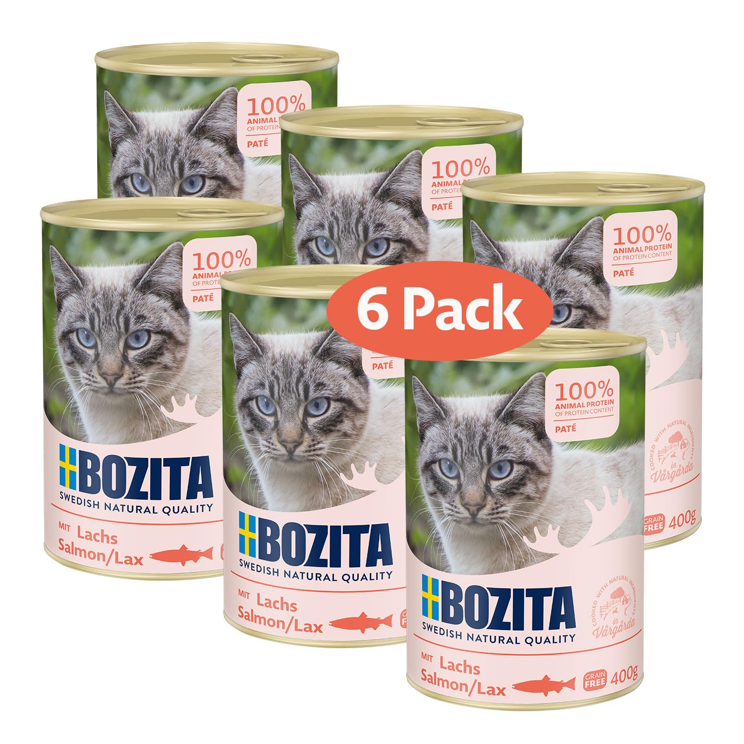 Bozita Paté Lachs bezzbożowa – 6 x 400 g mokra karma dla kotów i kotów. Karma pojedyncza z 9,5% białka i 5% tłuszczu z wysokiej jakości, naturalnych składników bez zbóż - ze Szwecji