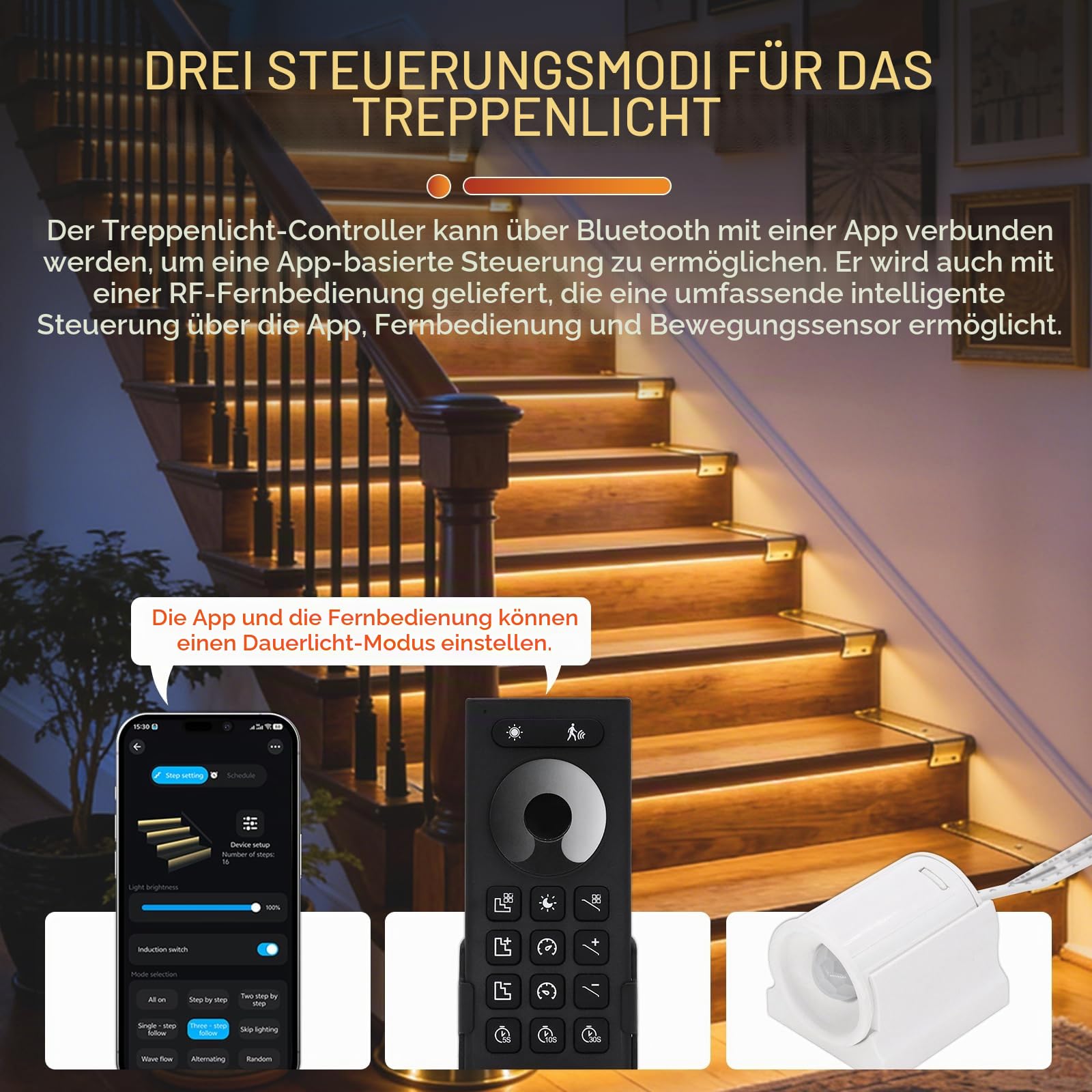 Intelligente Treppenbeleuchtung 13 Stufen Warmweiß 3000K | Bewegungsmelder Treppenlicht mit App & RF-Fernbedienung, Bluetooth Smart Stair Light, COB LED Streifen Indoor