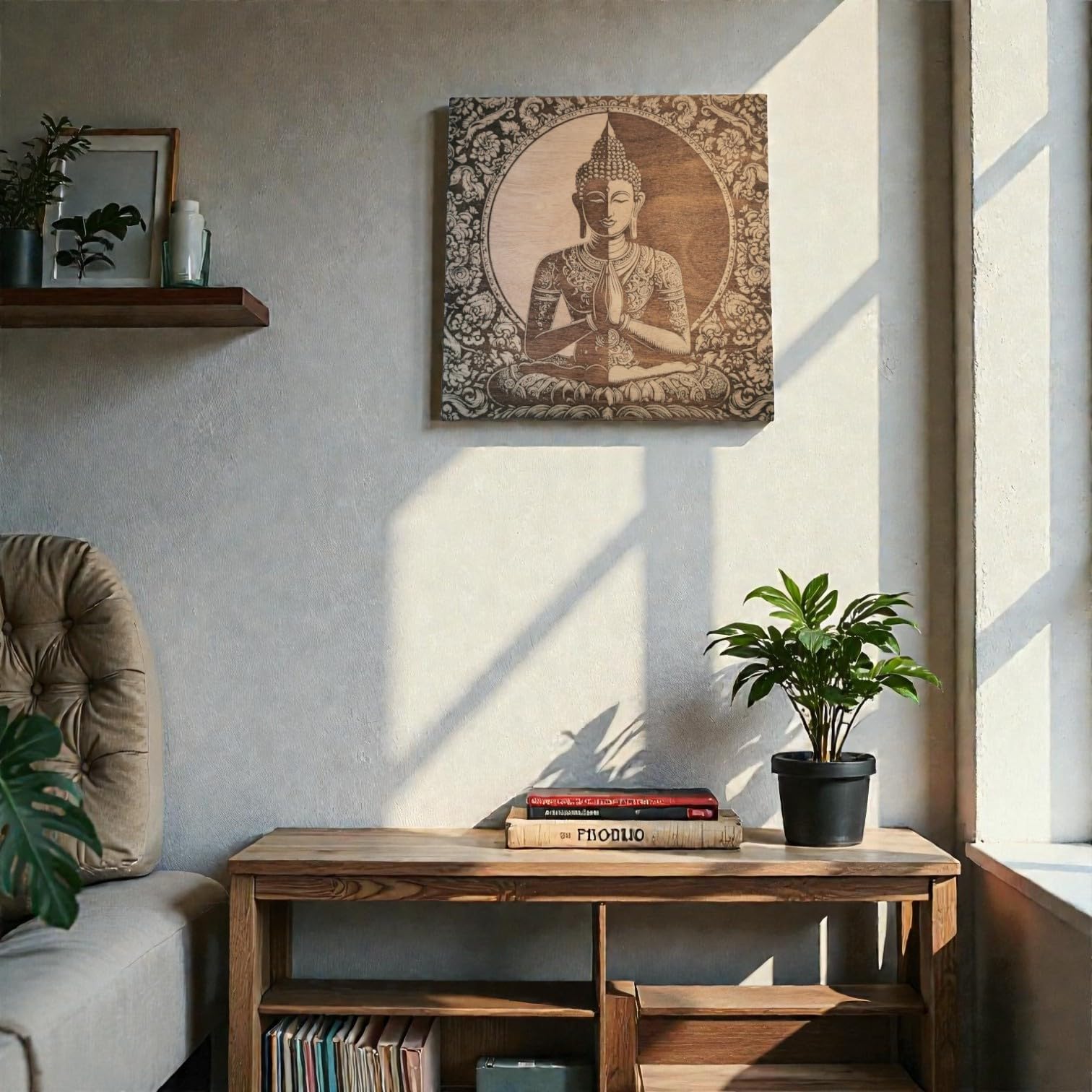 grabewood Quadro di Buddha in legno 30 x 30 cm da parete | Decorazione Zen Spirituale Feng Shui | Arte orientale per casa, yoga e meditazione