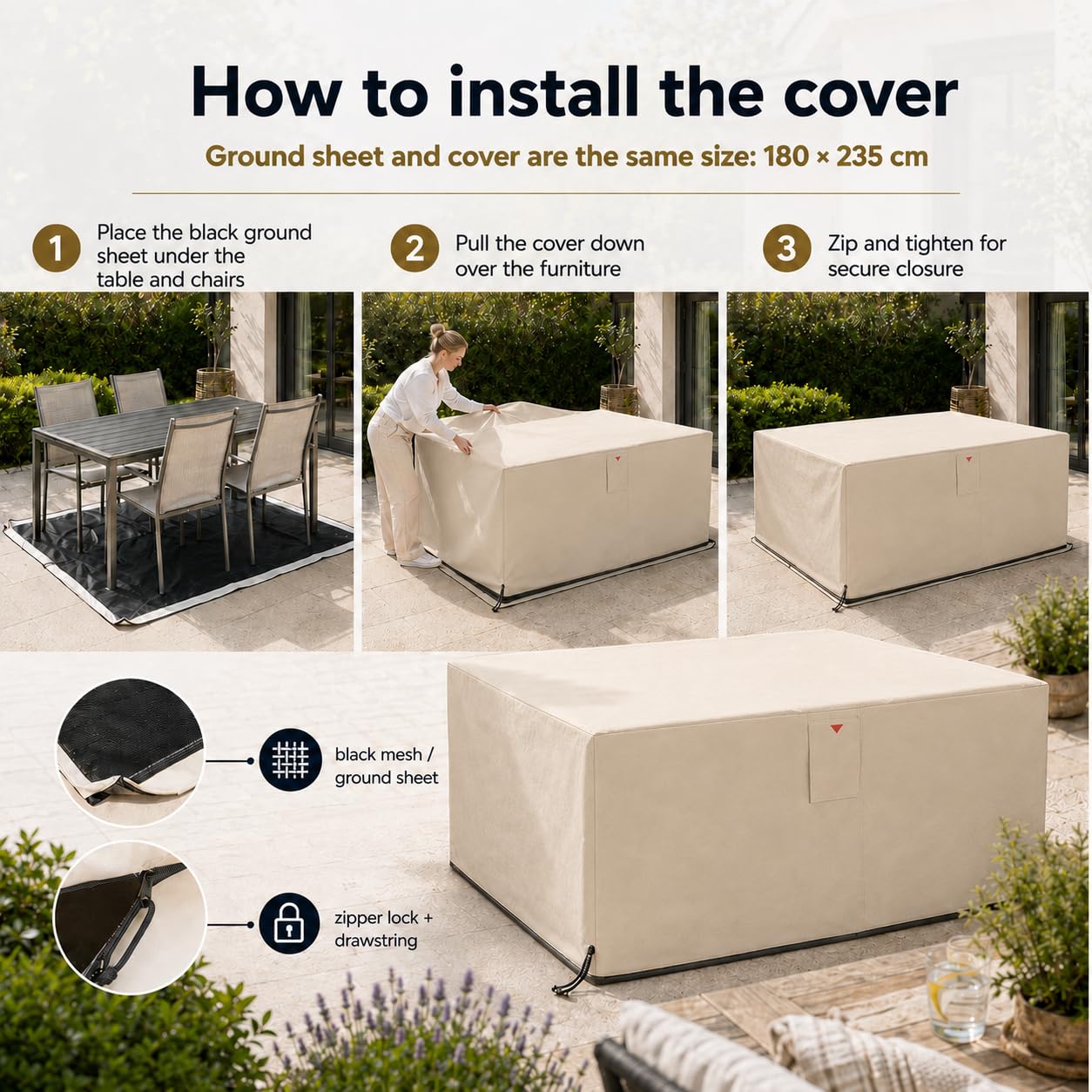 HOME It Garden Gartenmöbel-Abdeckung 235x180x95 cm – 600D Oxford PVC-beschichtet, wasserdicht, UV-Schutz, 2 Belüftungen, Reißverschluss & Kordelzug, sand