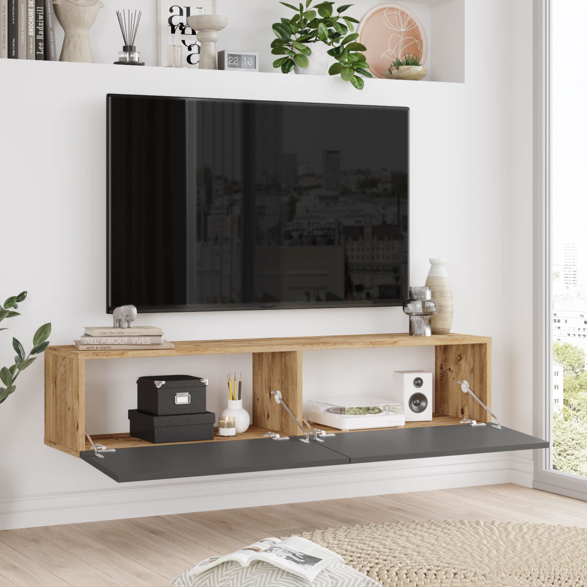 [en.casa] Mueble TV Lapinlahti Suspendido Mesa Tele de Pared con 2 Puertas Aglomerado 140 x 32 x 30 cm - Efecto Roble rústico/Antracita