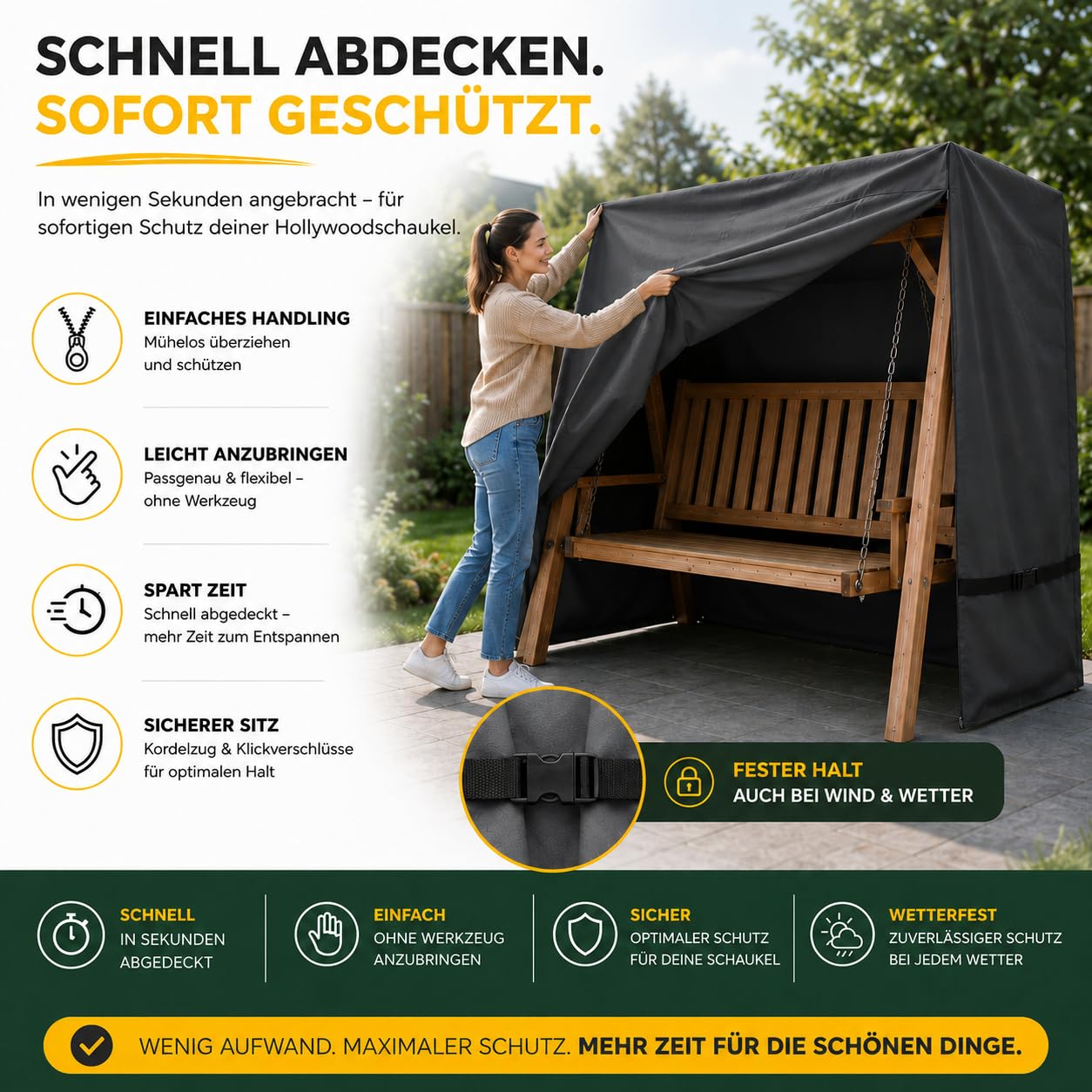 Hollywoodschaukel Abdeckung für 2,3,4-Sitzer, Schutzhülle wasserfest & Winddicht & UV-Schutz - reißfeste Plane Gartenschaukel & Schaukelbank - 210 x 150 x 150cm