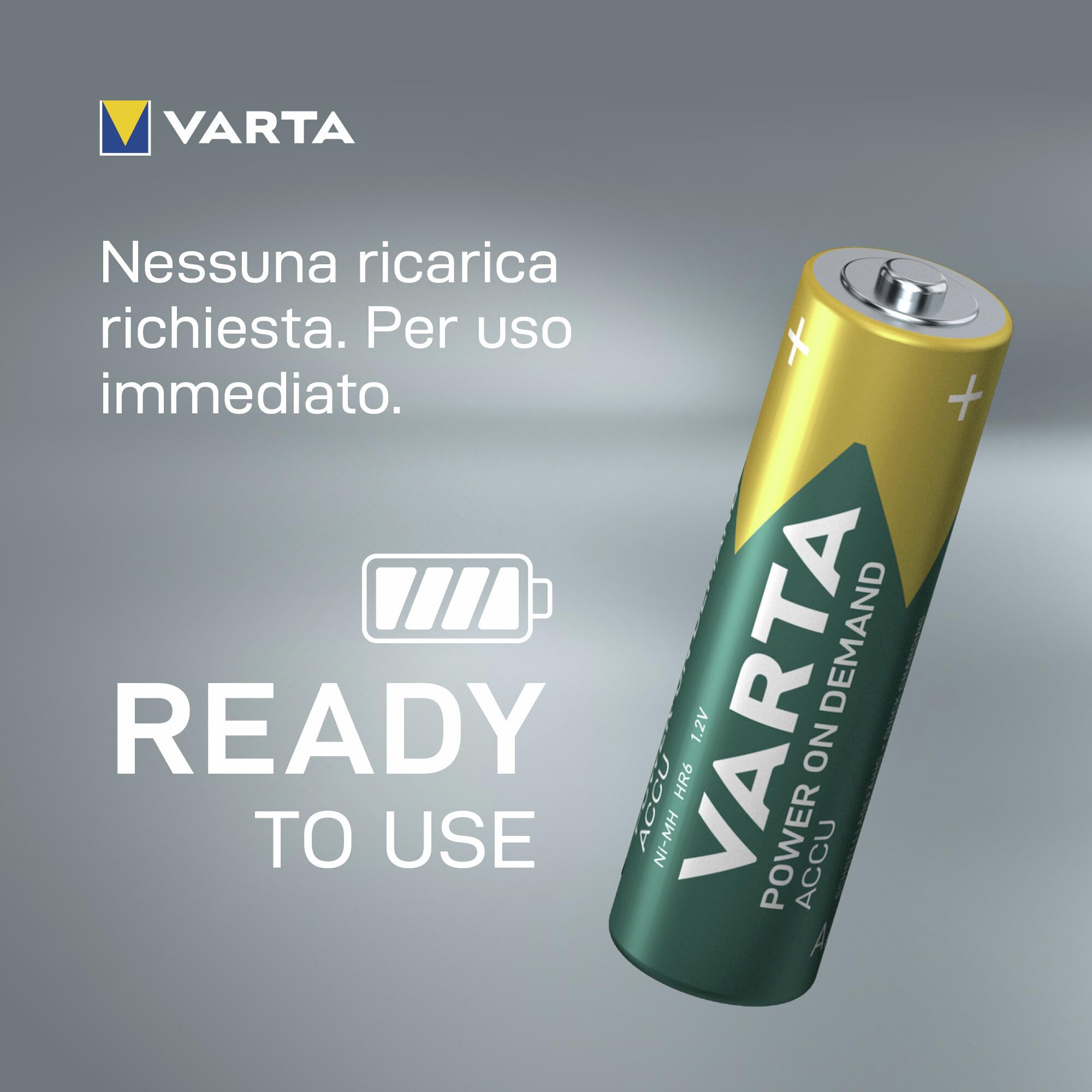 VARTA Batterie ricaricabili AARechargeable Ready2Use precaricata Mignon Ni-Mh (pacco da 4, 2600mAh), ricaricabile senza effetto Memory - pronta all'uso
