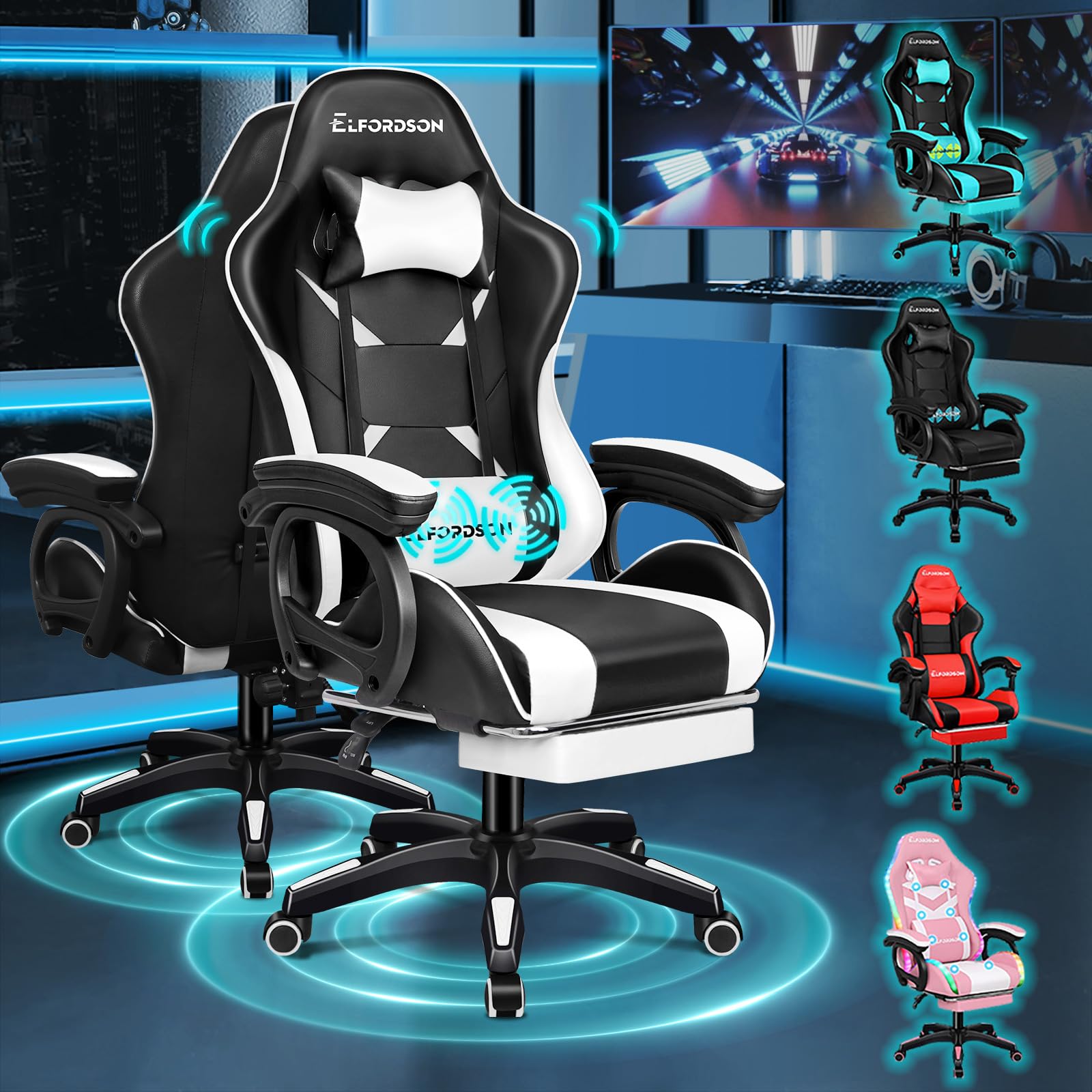 ELFORDSON Gaming Chair with 2-Point Massage Cushion, Computer Chairs for Home Office, Head Pillow High Back 150° Recliner, for Kids Adults, White and Black — image 1