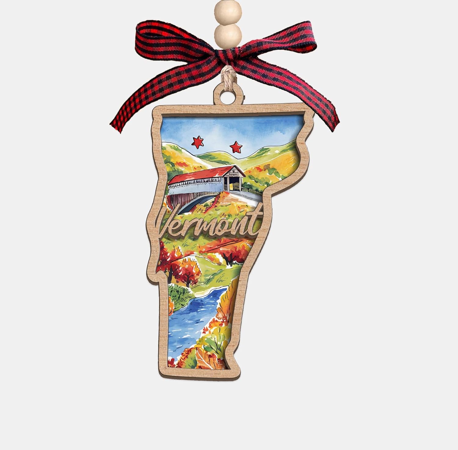 Vermont State Christmas Wooden Ornament - 2-Layer Laser-Cut Wooden Keepsake - Rustic Holiday Decor & Ideal Travel Gift for Women Men Family & Friends - Vermont Locals Gift