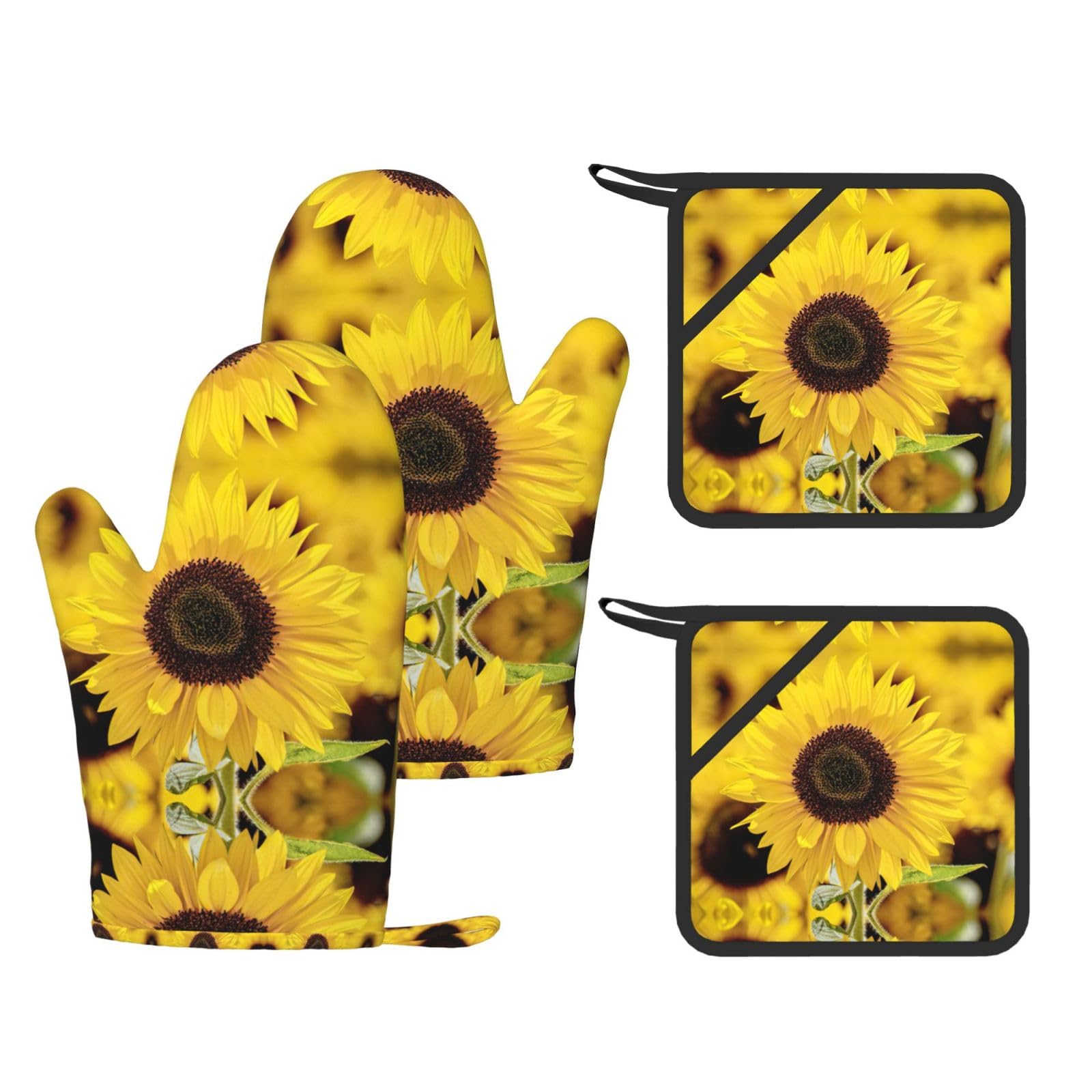 Blooming Sunflowers Printed Oven Mitts and Pot Holders Set of 4, Heat Resistant Silicone Gloves for Baking Grilling