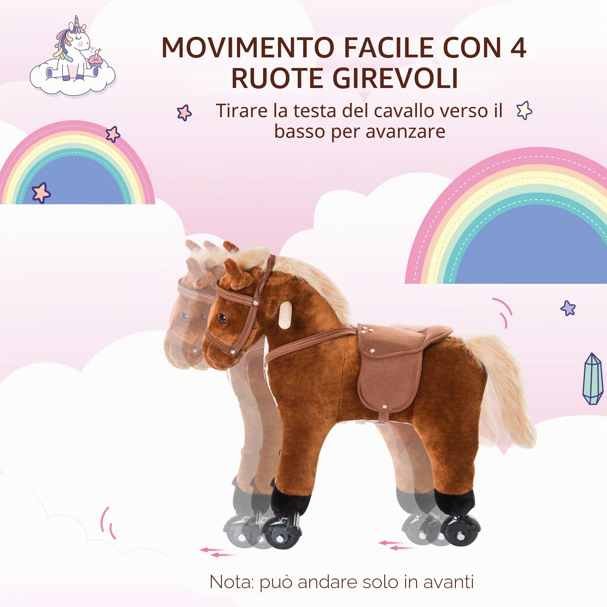 HOMCOM Cavallo per bambini +36 mesi cavallo di peluche con 4 ruote, effetto sonoro, poggiapiedi e manubrio, portata 60 kg 55x23x60 cm Marrone