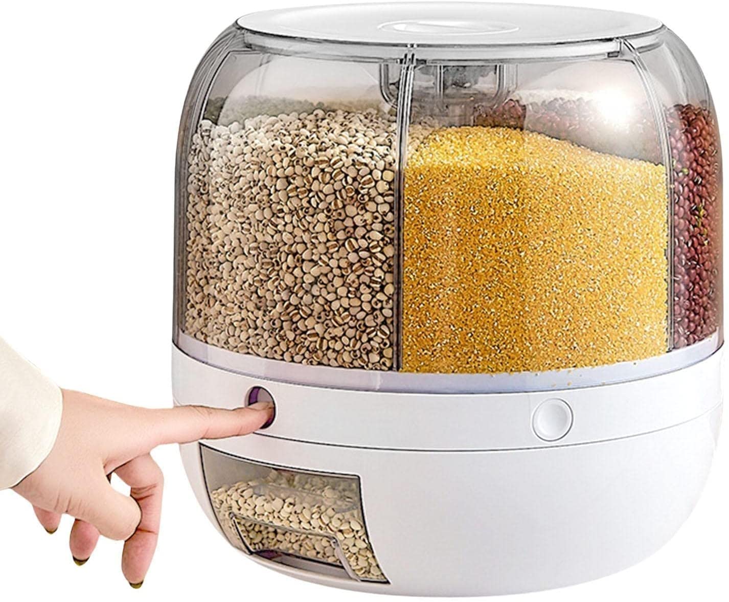 Contenitori per Alimenti Ermetici Distributore di cereali 6 scomparti - Girare Impilabile Sigillabile Piccolo Contenitore per la conservazione del grano, 10 kg Cibi Secchi/ Mais/ Fagioli/ Noci, Piano