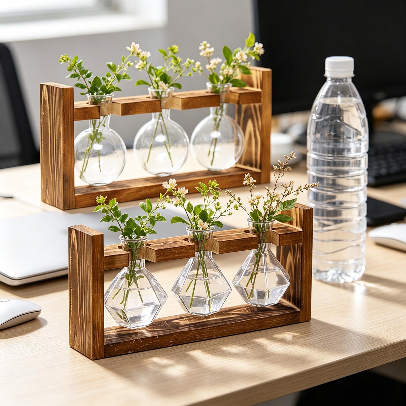 Ensemble de vases Porte-Plantes de Table, Bouteilles en Verre avec Cadre en Bois, présentoir de Petites Fleurs, décoration intérieure, Station de Propagation, Trio de vases à bourgeons, Porte-Plantes