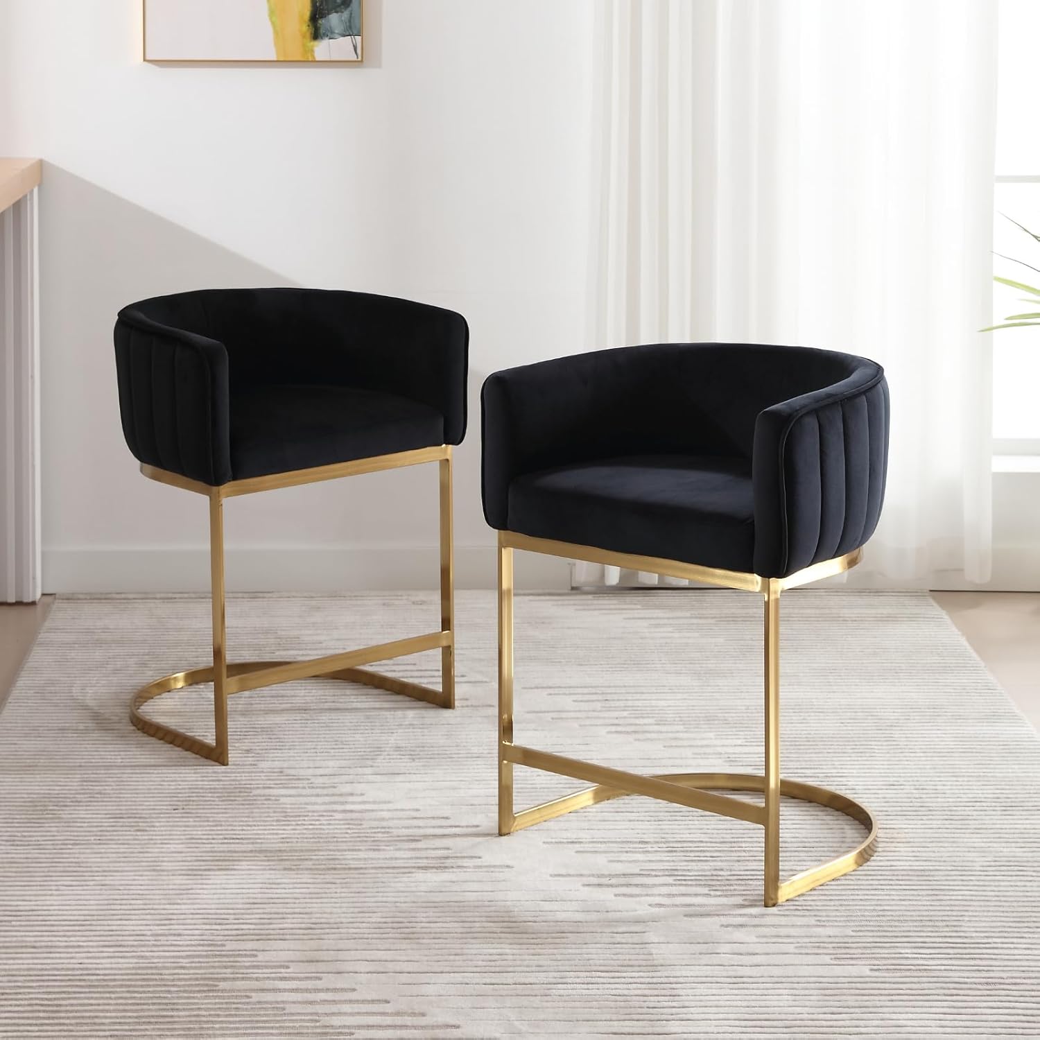 24" Modern Counter Height Bar Stools Set of 2 for Kitchen Island Velvet Upholstered Barrel Stool Chair with Arm and Golden Metal Legs for Breakfast Bar/Dining Room/Reception/Cafe, Black