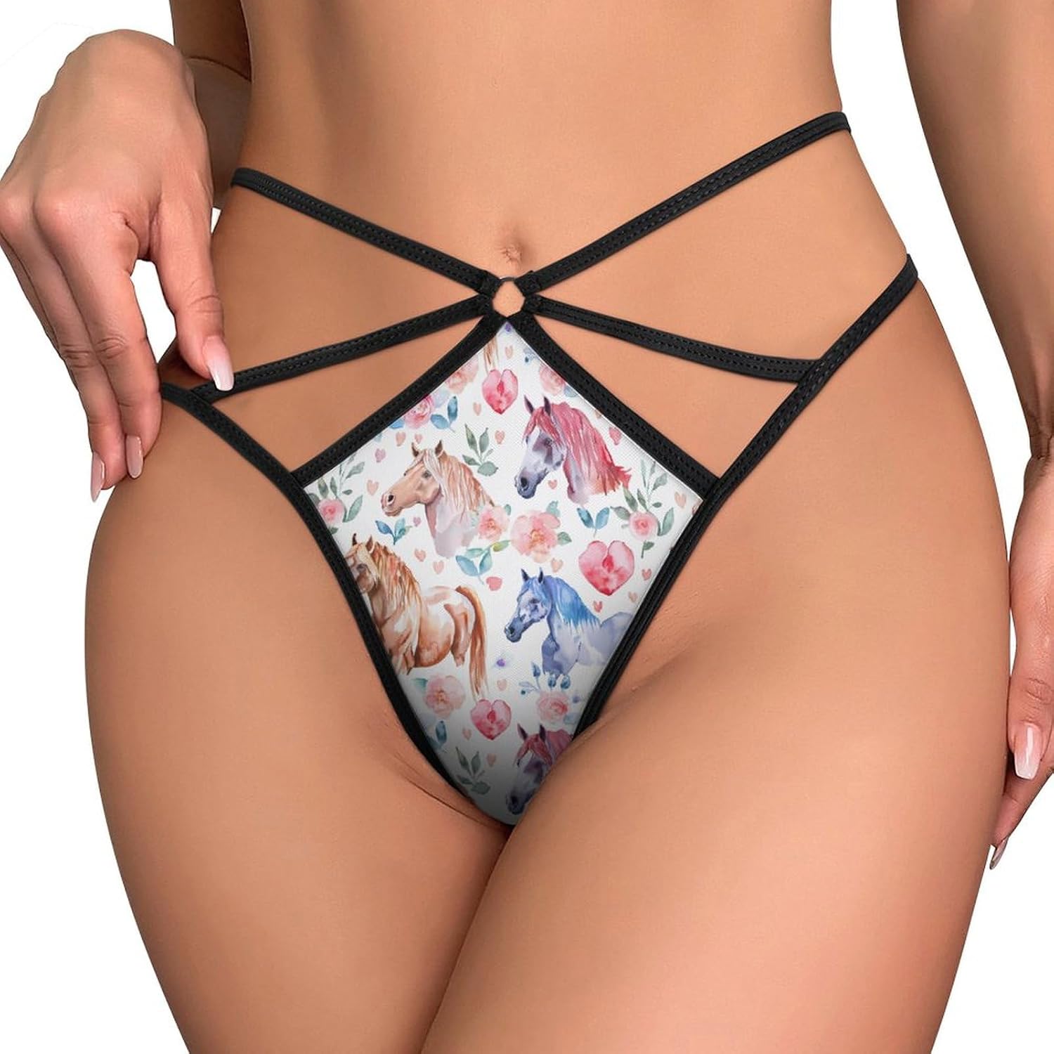 Watercolor Horses Hearts Flowers Funny Women's T-back Thong Panties G-String Printed No Show Underwear