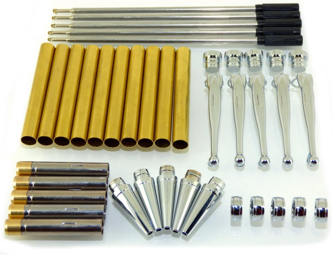 Woodturning Fancy Slimline Pen Kit Set x 5, Chrome Silver Finish, Twist