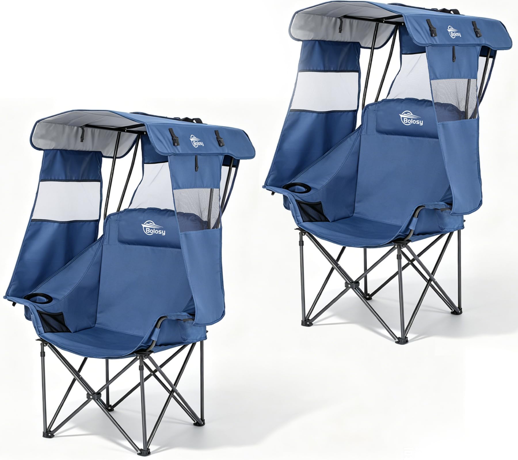 View 1 of ** PARTS ONLY ONE CHAIR IS DAMAGED. THE OTHER IS IN GOOD CONDITION.** 
Bolosy 2 Pack Camping Chair with Canopy Beach Chair with Shade