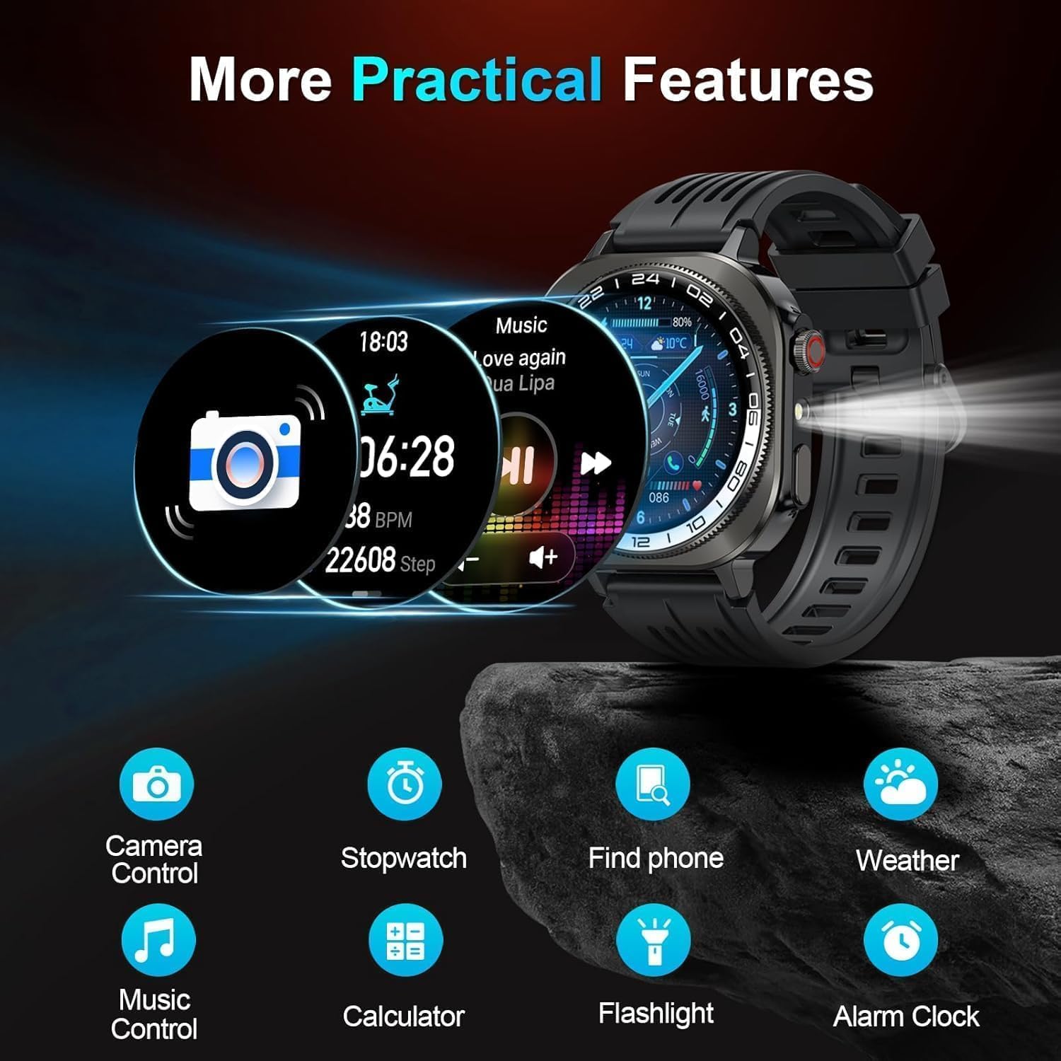 Montre Connectée Homme avec GPS Intégré, 1.43"HD AMOLED Militaire Smartwatch Appels Bluetooth 5.4, Montre Intelligente Fréquence Cardiaque/Sommeil/SpO2 Podometre,IP68 Étanche,130+ Modes Sport Noir