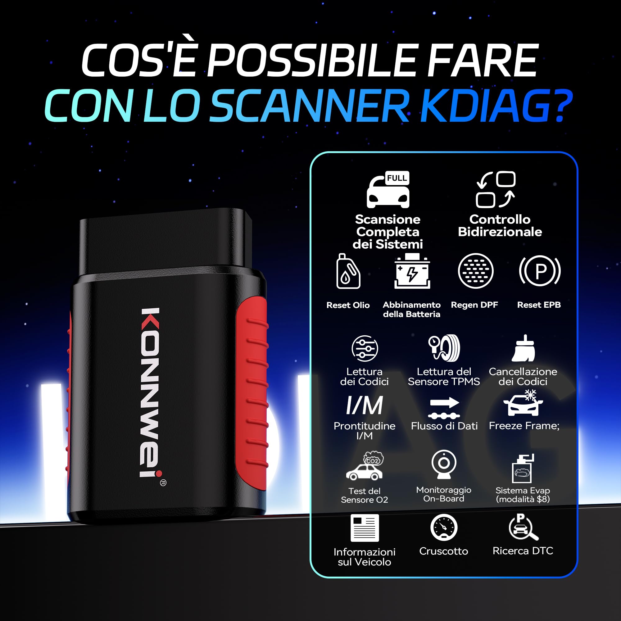 KONNWEI KDIAG OBD2 Scanner Bluetooth, tutti i sistemi diagnostici, 5 reset, lettore di codici auto per controllare il motore, test delle prestazioni del veicolo per iOS e Android, senza abbonamento