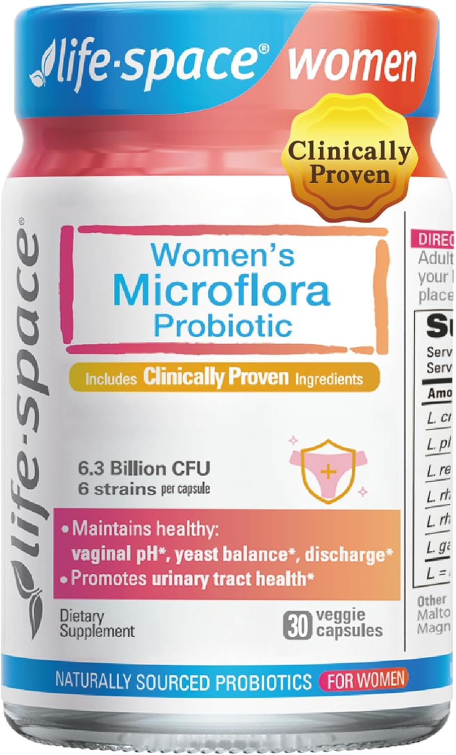 Life-Space Probiotic for Women, Support Healthy Vaginal Microflora & Comfort, Daily Supplement for Women, pH Balance with Lactobacillus rhamnosus, 6.3 Billion CFU & 6 Strains, 30 ct