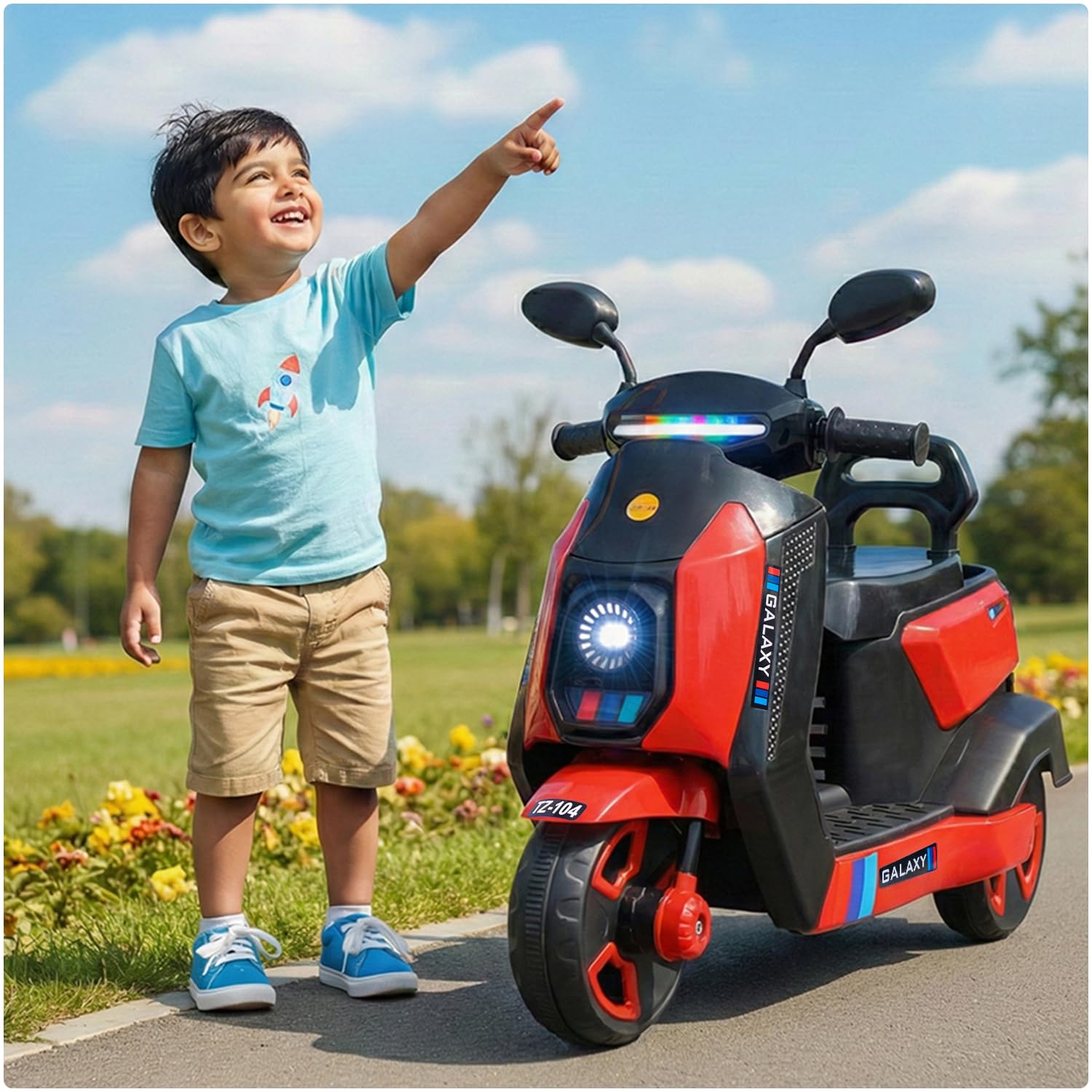 Toyzone Galaxy Kids Electric Scooty (Red) | 6V 4.5Ah Battery Rechargeable Scooter | Music & Colourful LED Lights | Smooth Acceleration | 6 Months Battery Warranty | for Kids 3-8 Years, Upto 35 Kgs 1
