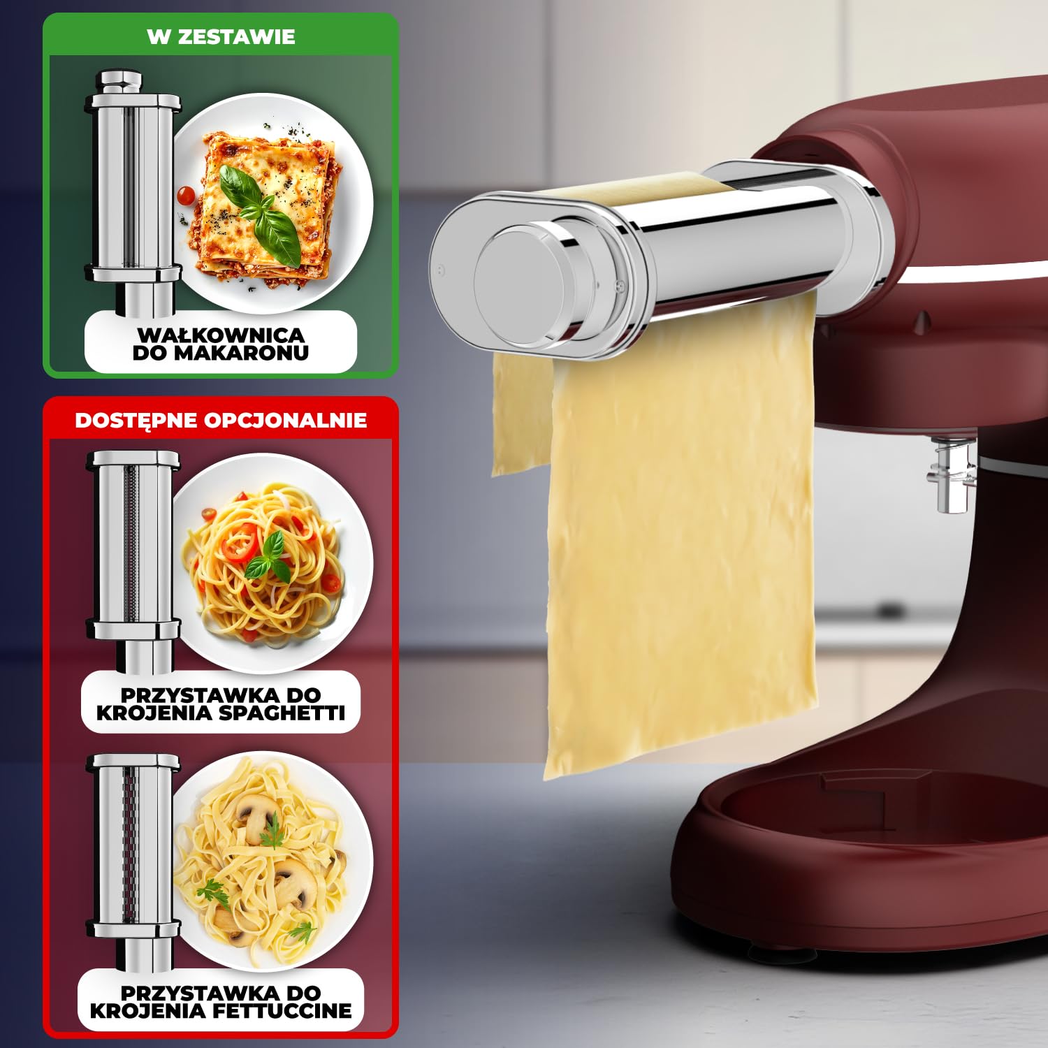 Planetarna mikser z maszyną do makaronu - 2000 W, robot kuchenny z maszyną do świeżego makaronu, maszynka do makaronu, 6,2 l, miska ze stali nierdzewnej (czerwona)