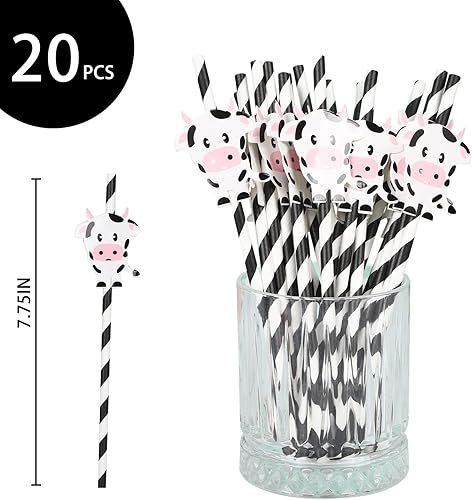 Miniatura 2 de Juego de 20 pajitas de papel biodegradables de vaca, vaca sagrada, soy uno, pajitas decorativas a rayas para fiesta de cumpleaños de vaca