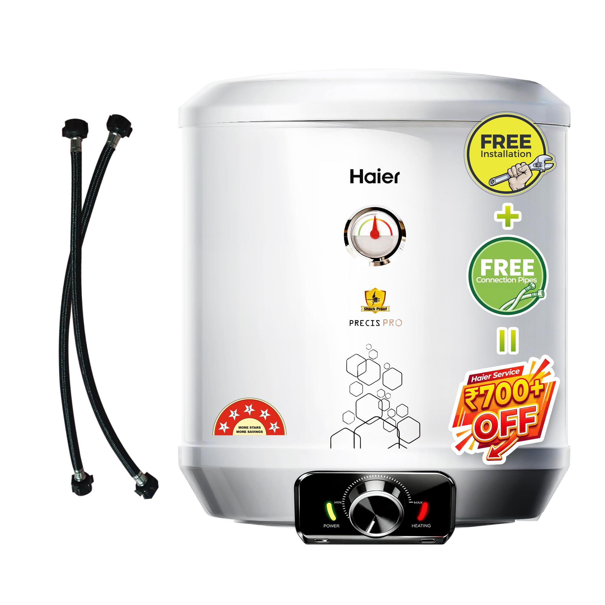 Haier Precis pro Water Geyser 10 Litre 5 Star 2000W Electric Storage Geyser Free Installation & Connection Pipes worth INR 700| Warranty 7 Yr on Tank| Shock Proof| 11-Level Safety