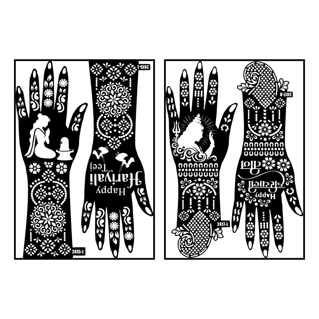 Lord Shiva & Goddess Parvati With Happy Hariyali Teej Mehndi Stencil Sticker Combo Pack For Women Hand-image-9