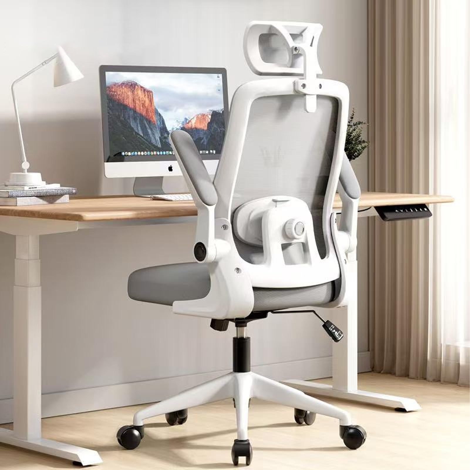 Office Desk Chair, Ergonomic Office Chairs, Mesh Office Chairs with 180° Adjustable Headrest, Lumbar Support,Flip-Up Arms, Gaming Chair, Home Office Desk Comfortable Chairs for Home Study Grey White