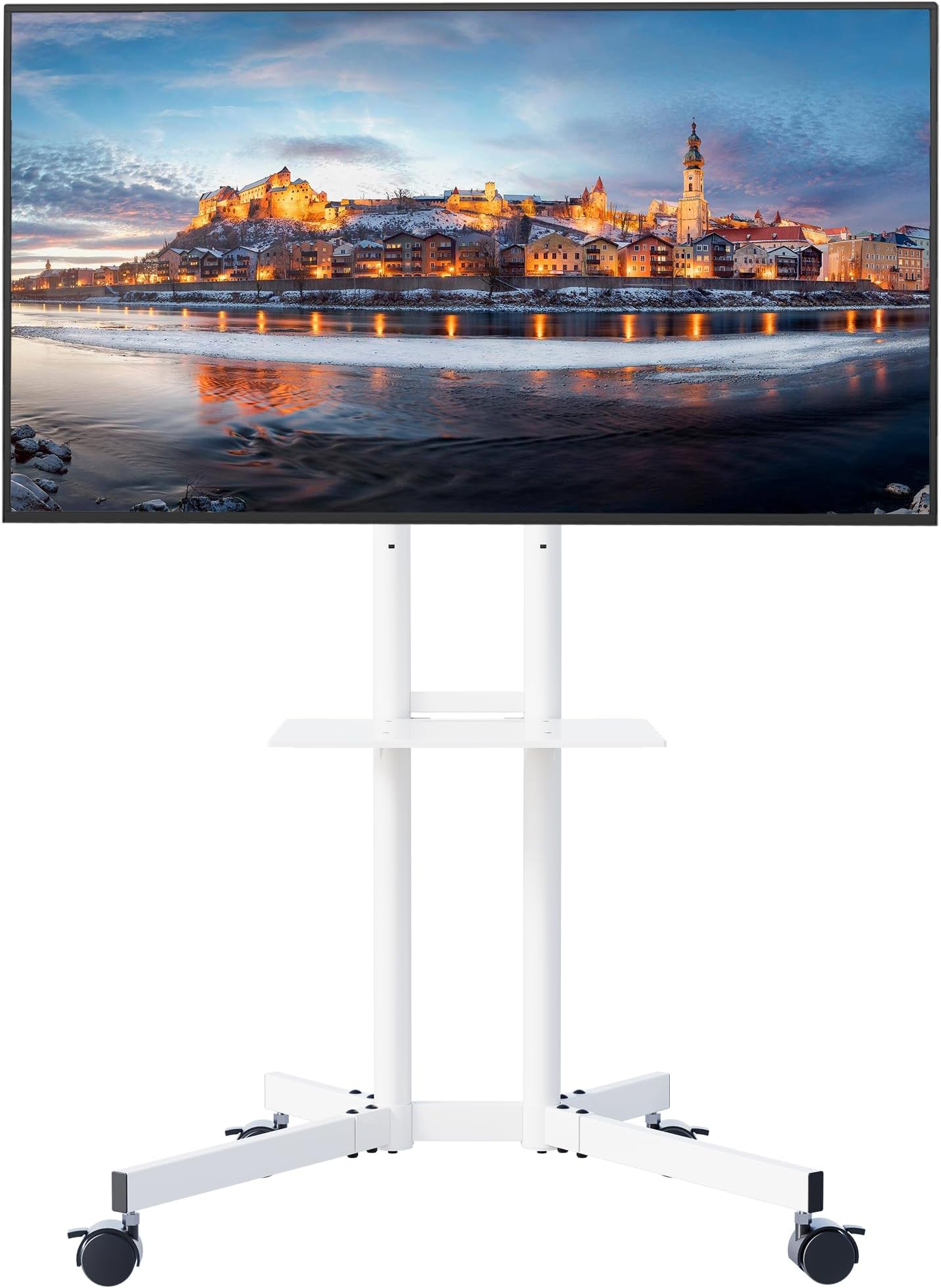 BONTEC Tilt & Height Adjustable Rolling TV Stand for 32-85 Inch LED, LCD, OLED, 4K TVs, Mobile TV Cart with Laptop Shelf, Locking Wheels, Holds Up to 132lbs, Max VESA 600x400mm, Easy Setup, White