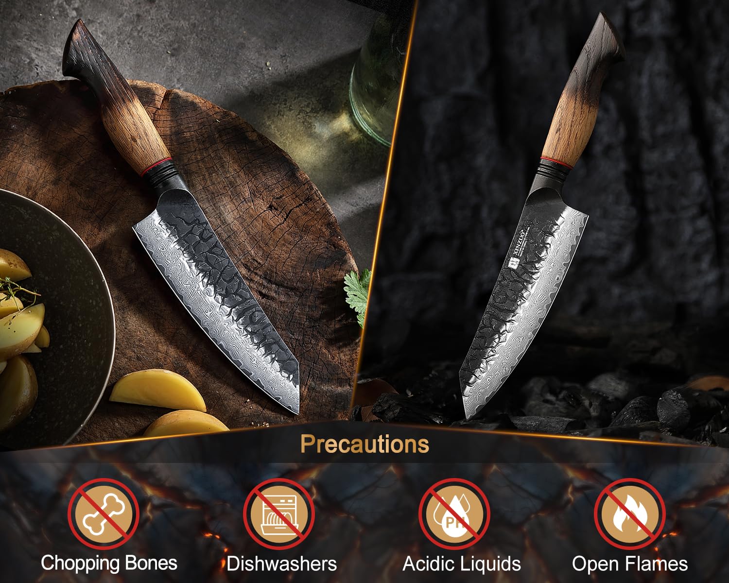 XINZUO 14,5cm Couteau Santoku Acier Damas Noyau en Acier 10Cr15CoMoV -Couteau de Cuisine Forgé à la Main Lames Tranchantes -pour Viande, Poisson, Légumes -Poignée en Chêne Blanc
