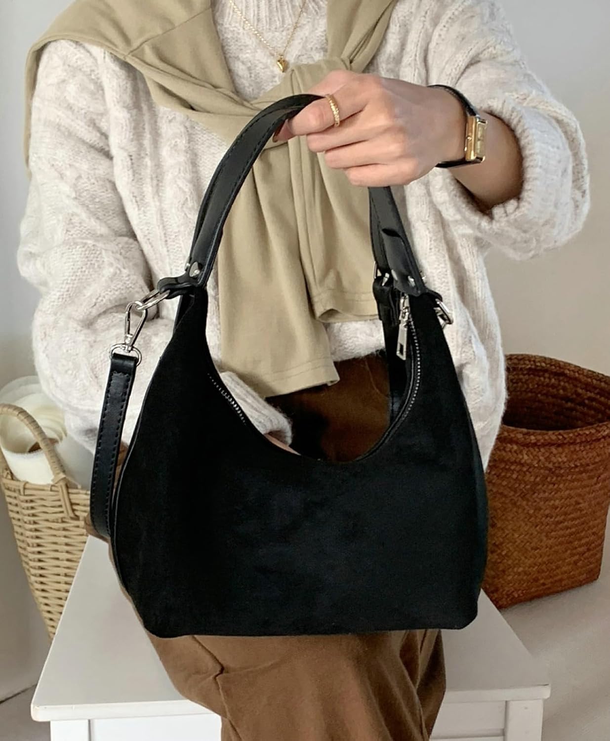 Suede Crescent Bag Women 2025 Retro Suede Slouchy Bag Fall Work Handbag Shoulder Bag Slouchy Tote Underarm Purse - Image 2